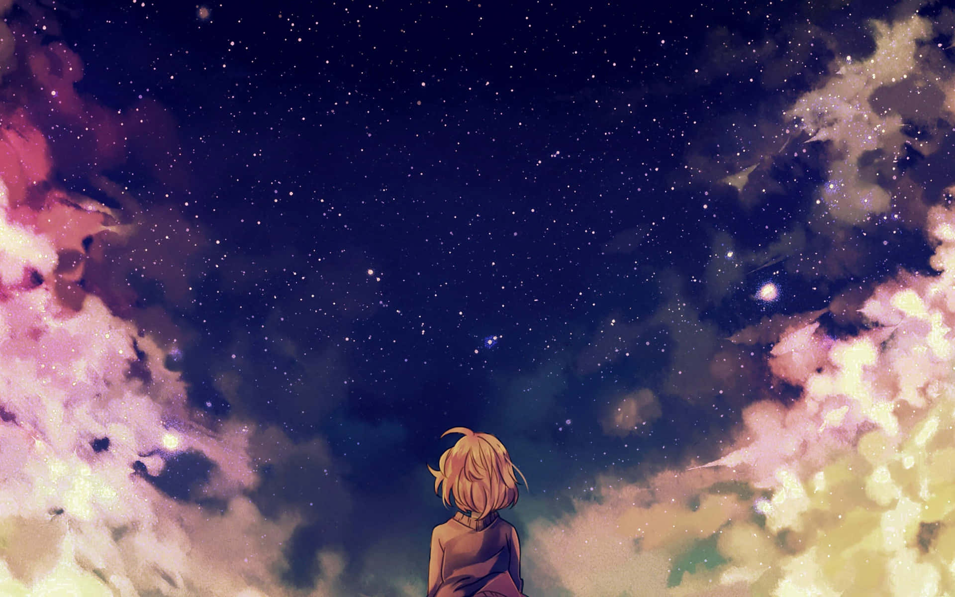金髮動漫女孩仰望星空，夜空中有色彩繽紛的雲彩。