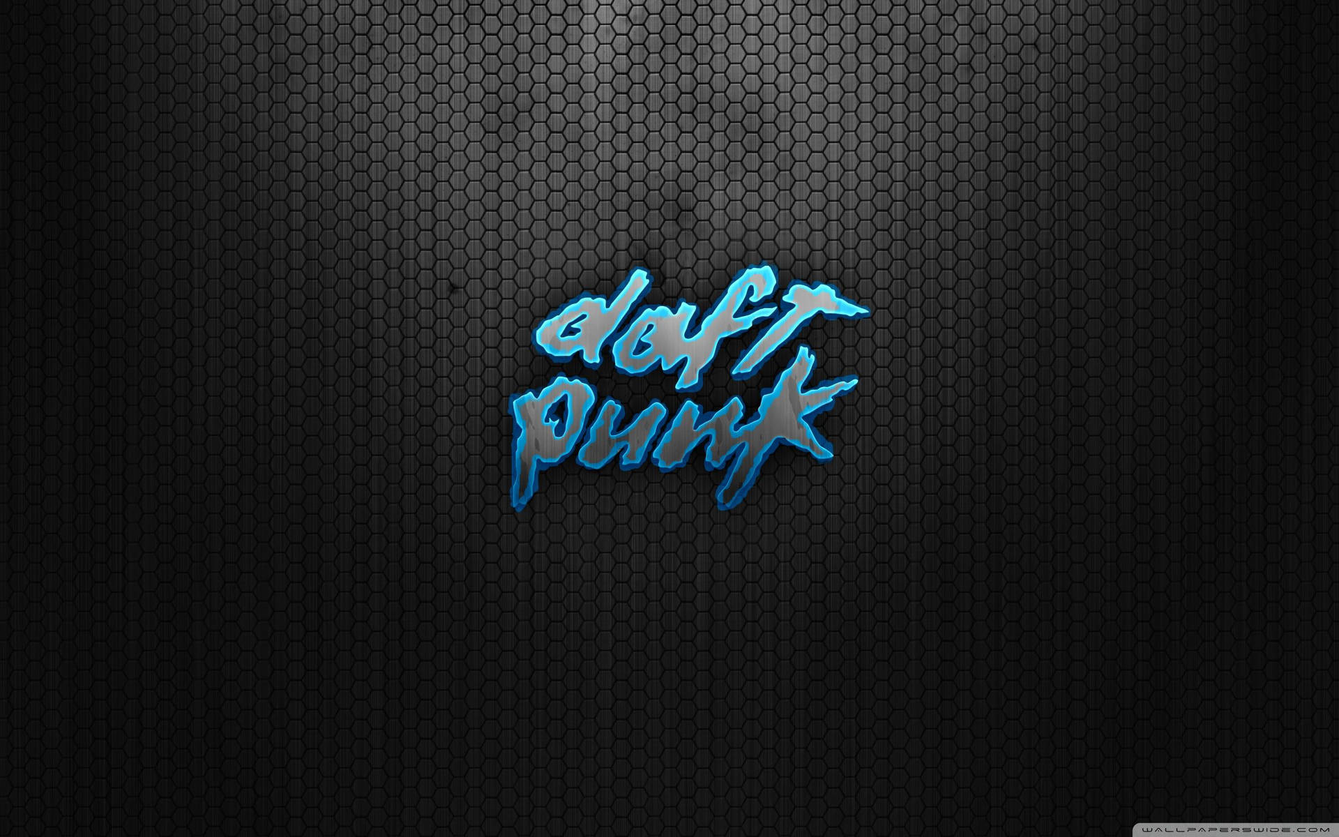 發光藍色Daft Punk標誌在深色六角網格背景上。