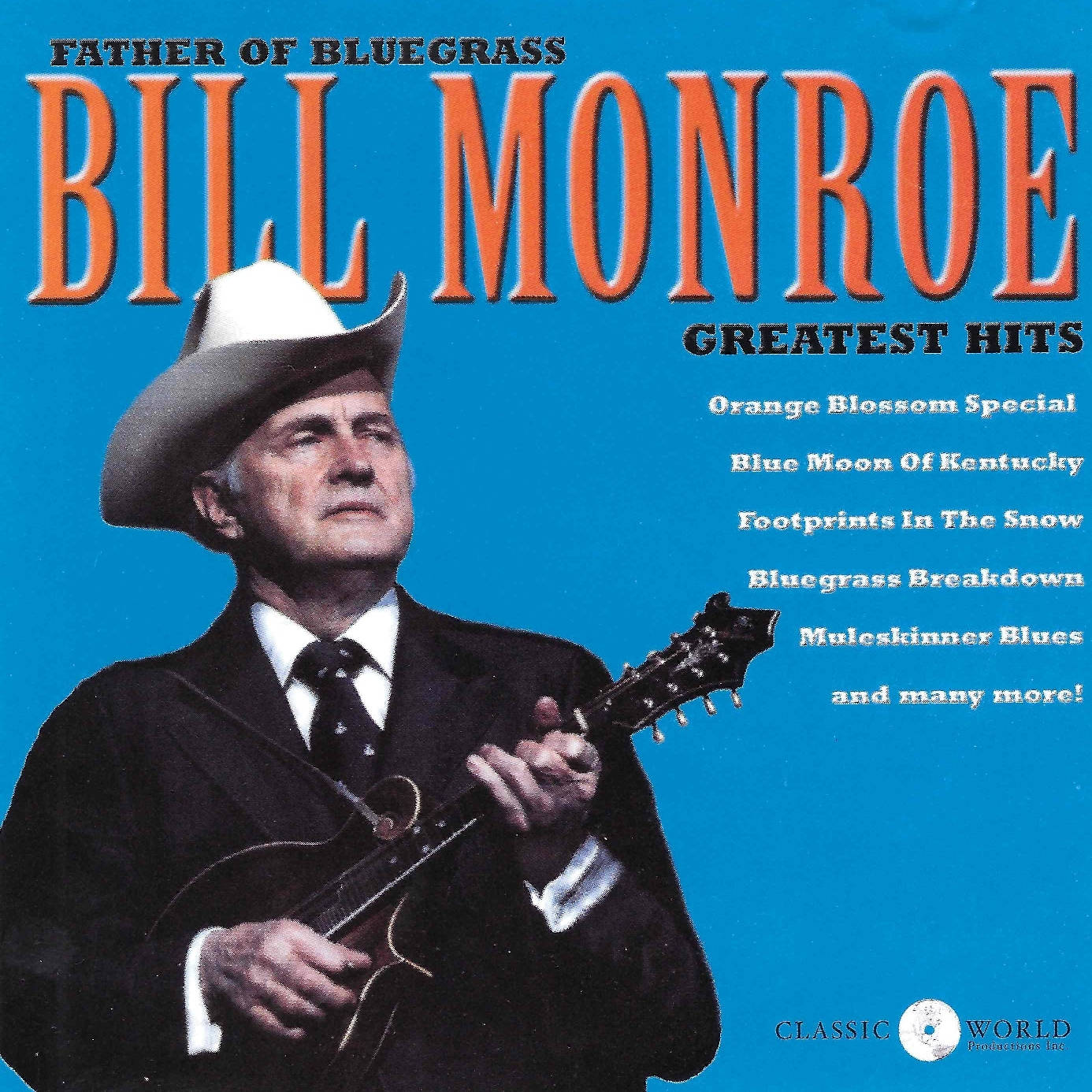 Bill Monroe 在藍色專輯封面上手持曼陀林，並顯示歌曲名稱。