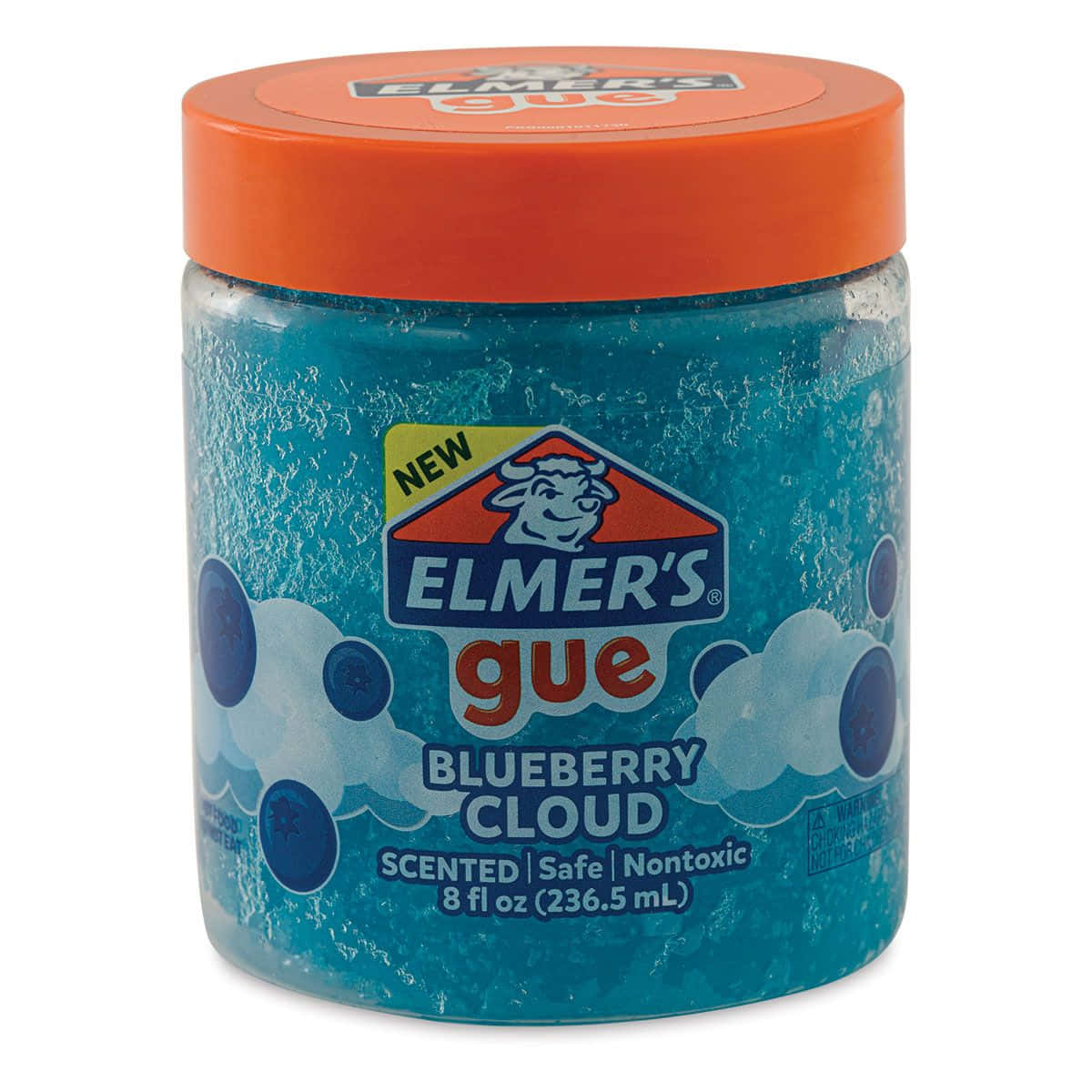 藍莓雲朵史萊姆圖片 壁紙 — 一個充滿活力的藍色罐裝 Elmer's Blueberry Cloud 香味膠水，配有橙色蓋子和雲莓圖案。