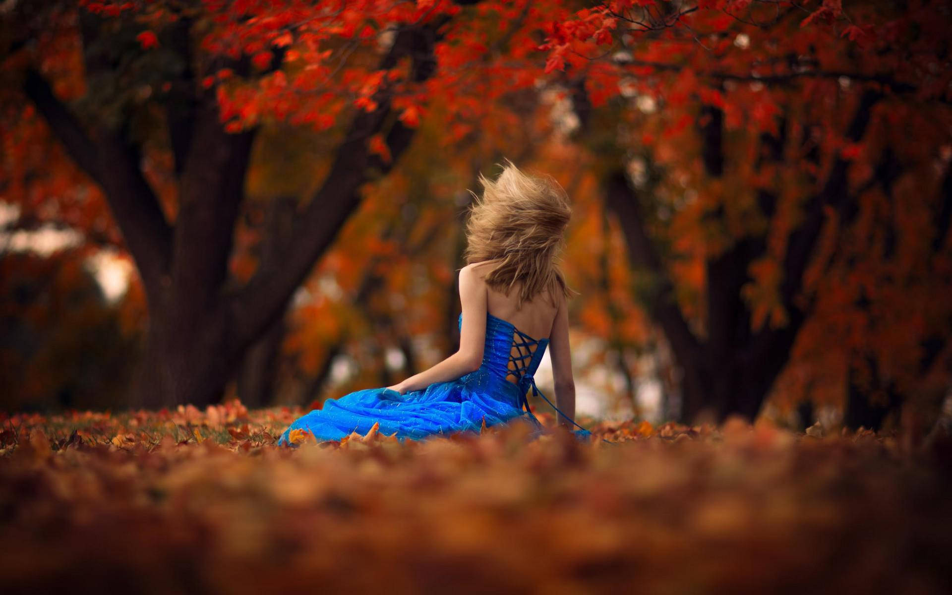 藍裙女性坐在秋葉上，紅樹下