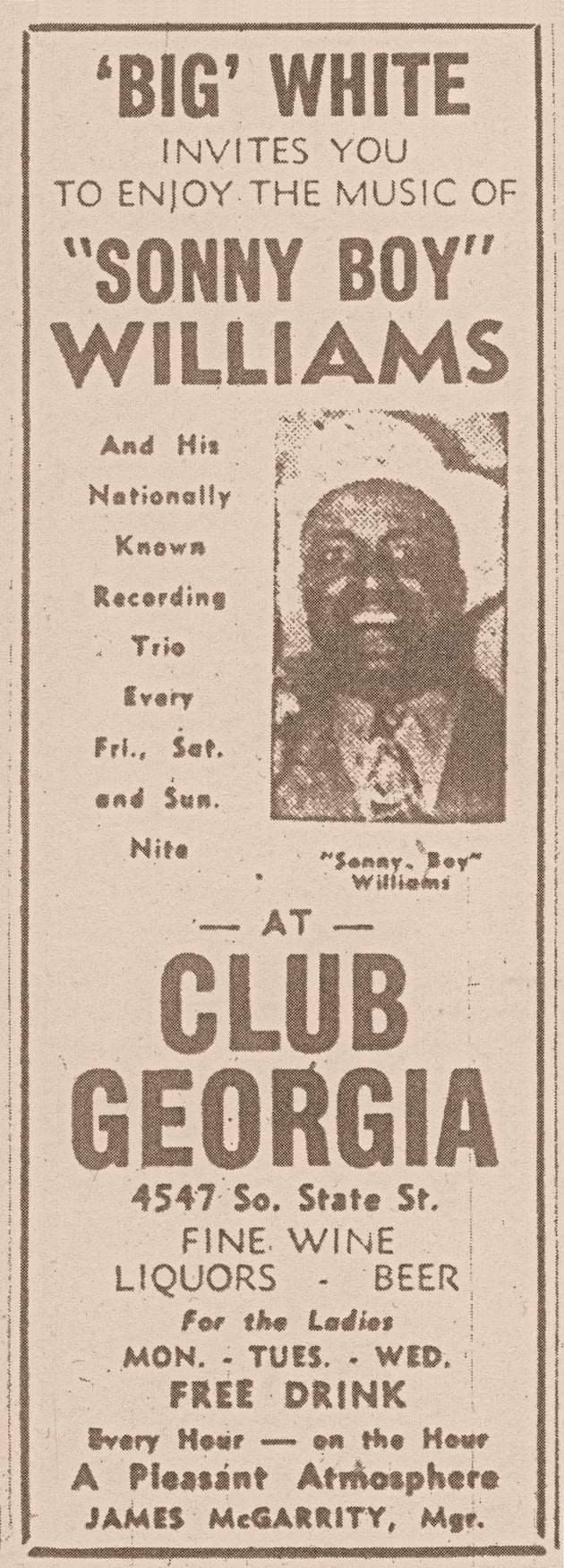 藍調傳奇Sonny Boy Williamson I 古董海報 壁紙 — 復古懷舊的棕褐色報紙廣告，宣傳 Sonny Boy Williams 在 Club Georgia 的音樂，附有藝術家的肖像照片。