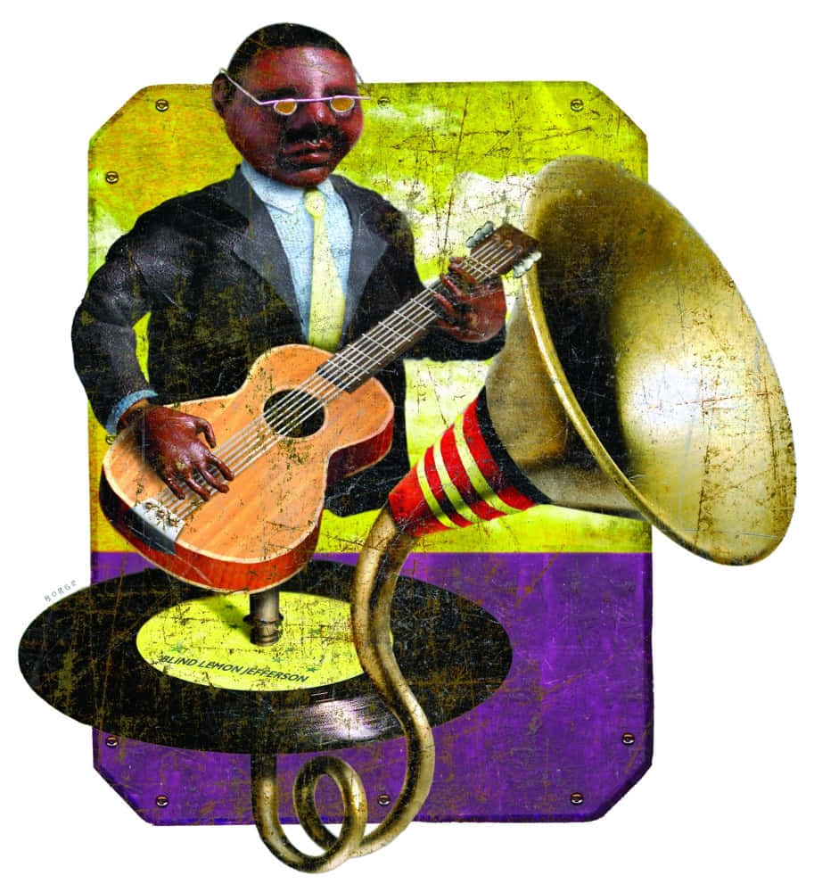 Blind Lemon Jefferson 在色彩繽紛的背景前彈奏結他，旁邊有一個留聲機喇叭。