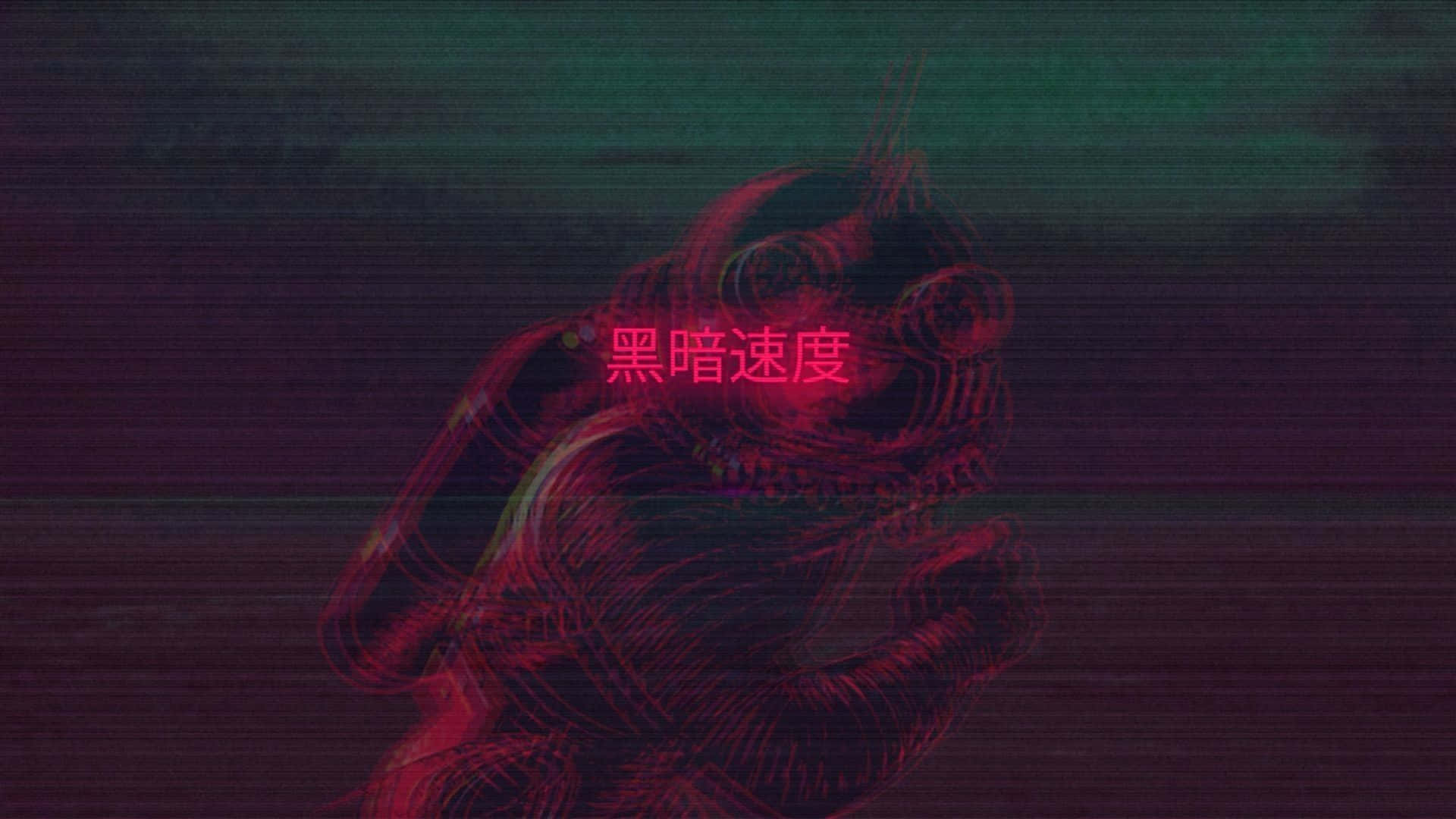 一個紅色故障藝術怪物，在暗青色背景上有發光眼睛和中文文字。