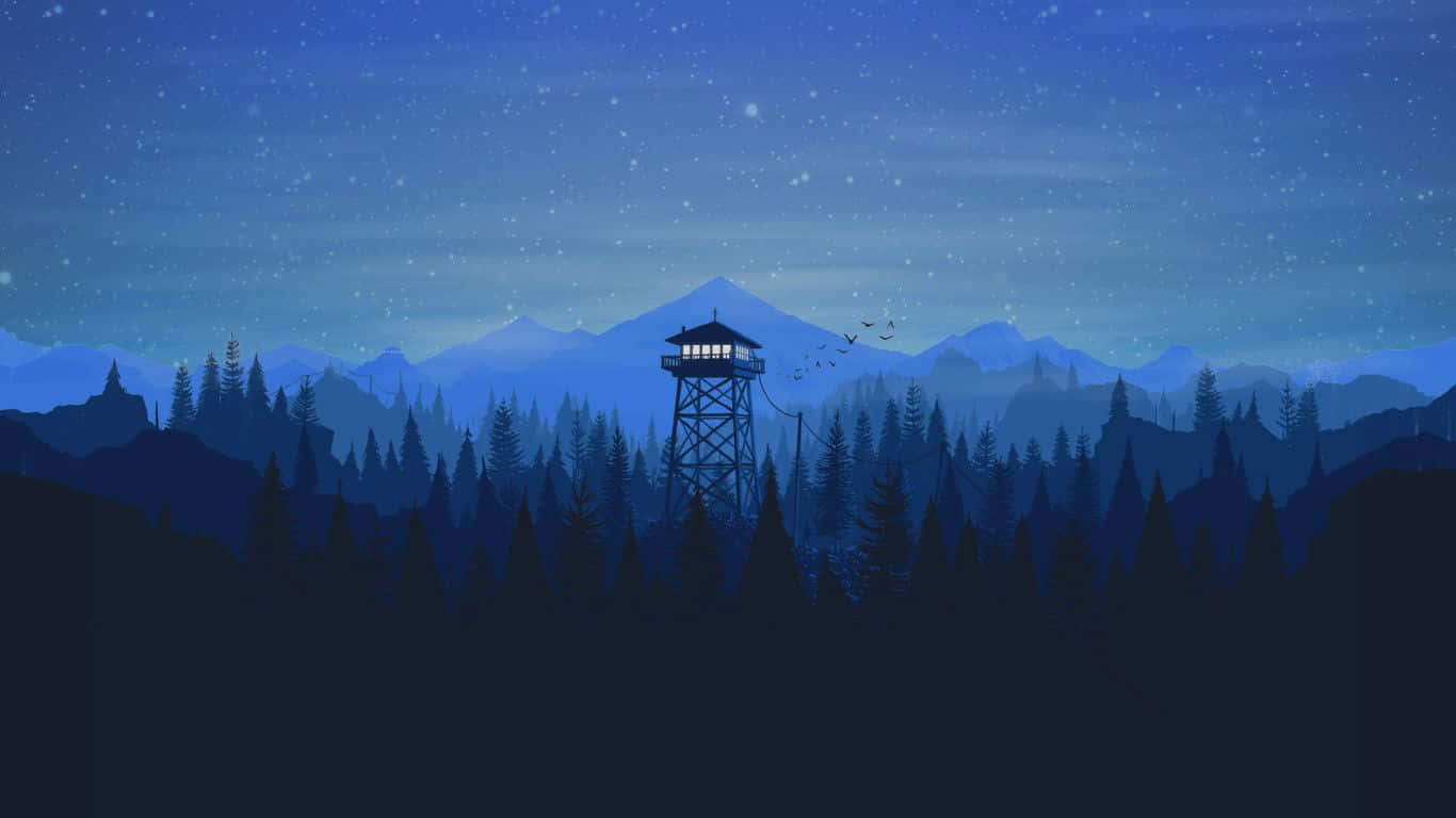 藍調森林火警瞭望塔 1366x768 監視器背景 壁紙 — 一座孤獨亮著的瞭望塔矗立在茂密的松樹林中，背景是星空夜空和遠山。