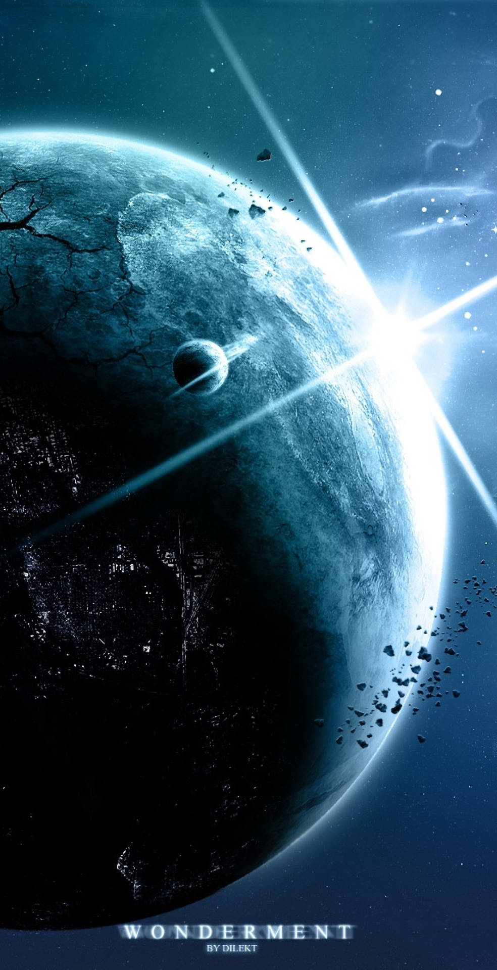 破裂的藍色行星，發光的太陽爆發，漂浮的碎片。