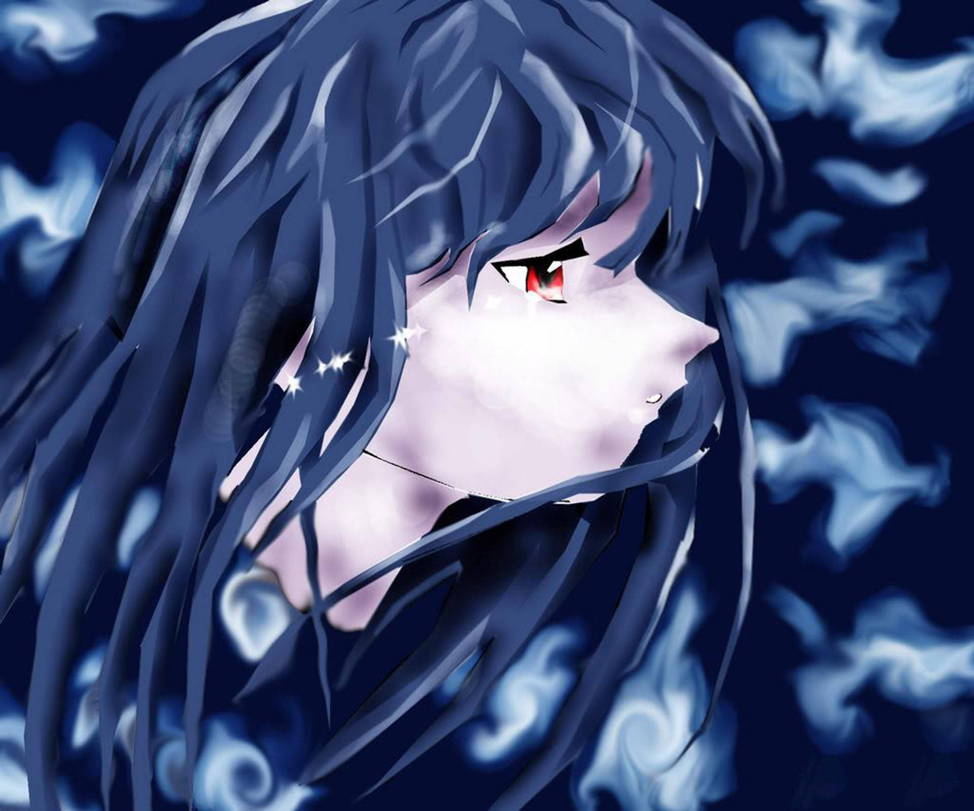 藍調風格傷感畫作 壁紙 — 一個令人難忘的動漫女孩，深藍色頭髮，發光的紅色眼睛，被旋轉的藍色薄霧包圍。
