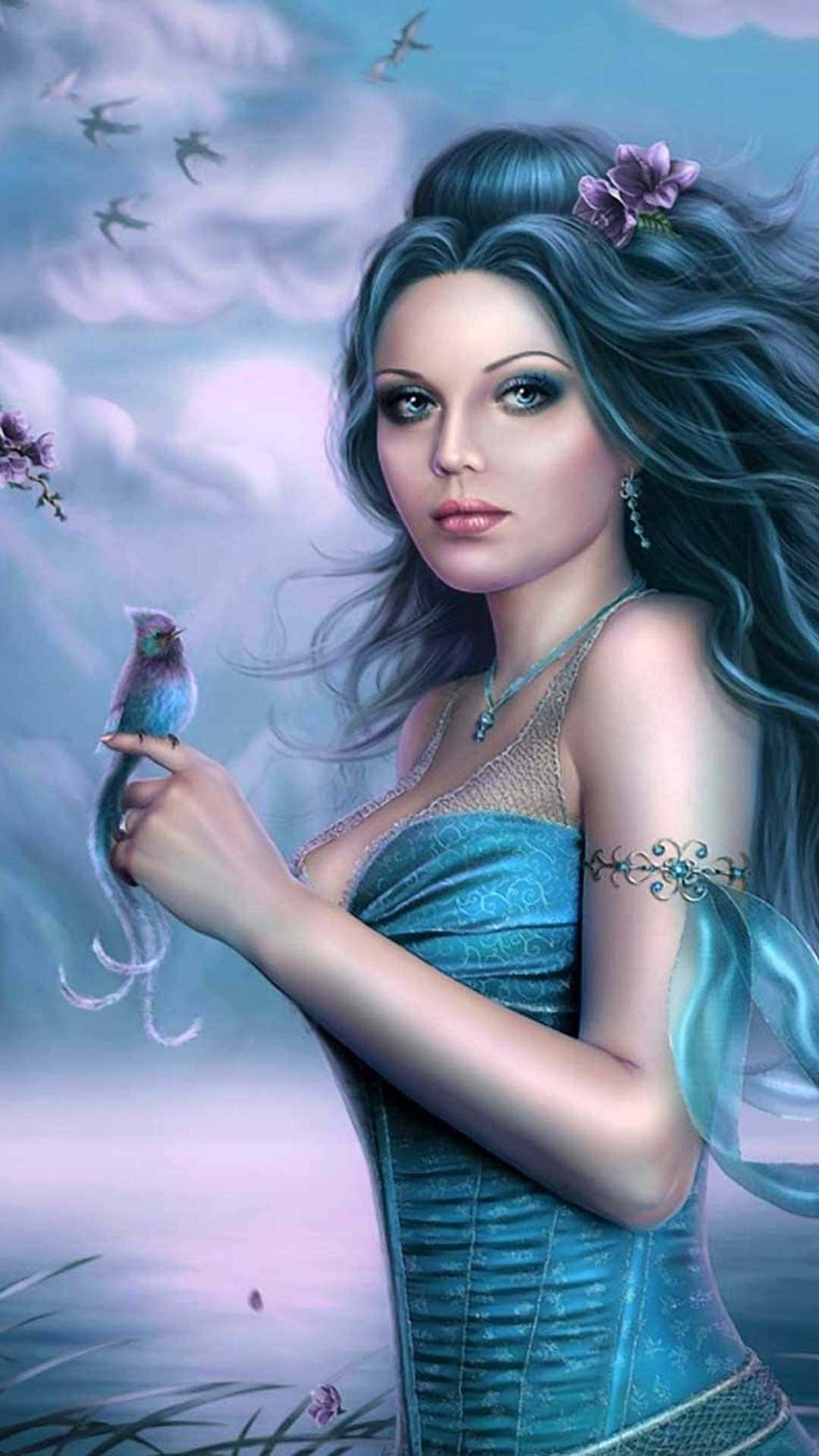一位藍髮女子身穿青綠色連衣裙，在神秘的天空中輕輕抱著一隻小鳥。