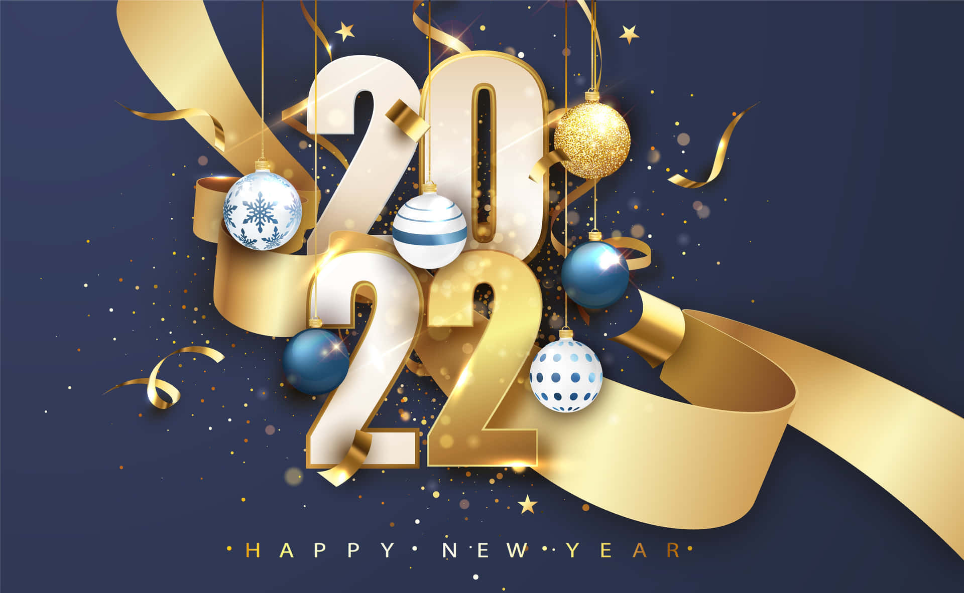 金色2022新年慶祝設計，深藍色背景上飾有裝飾和絲帶。
