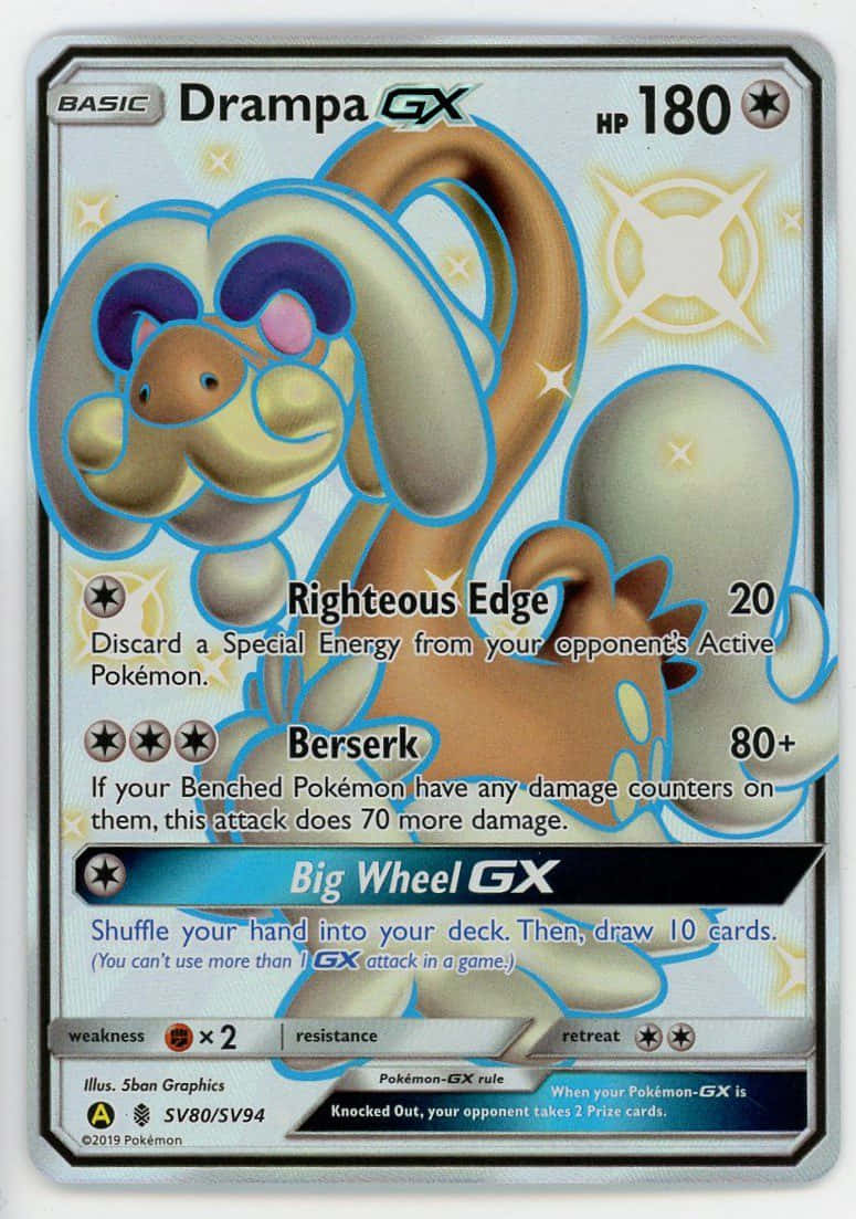 藍金配色Drampa GX卡牌 壁紙 — 一張充滿活力的 Pokémon 卡， featuring Drampa GX，帶有俏皮的卡通狗設計和發光的星星點綴。
