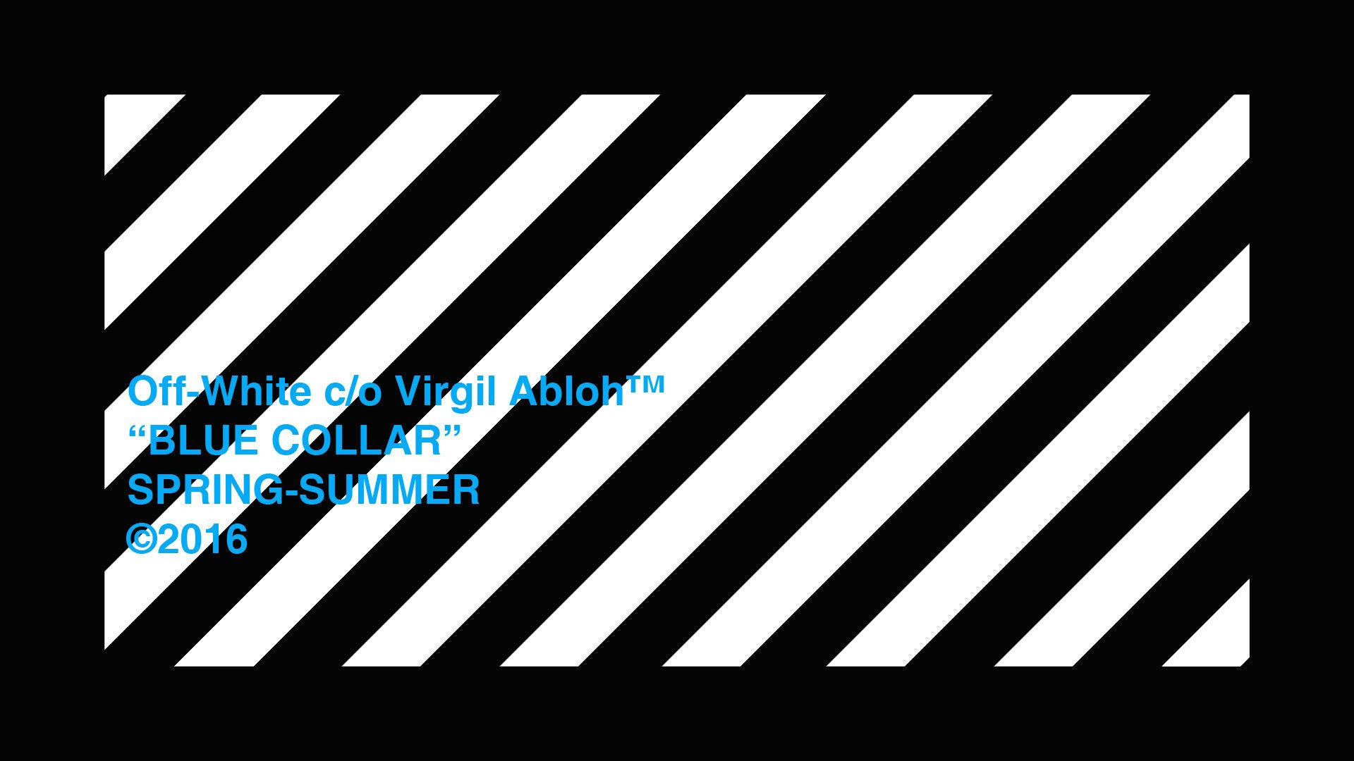 藍領 Off White 標誌設計 壁紙 — 大膽的黑白斜紋形成圖案，並帶有藍色文字疊加。