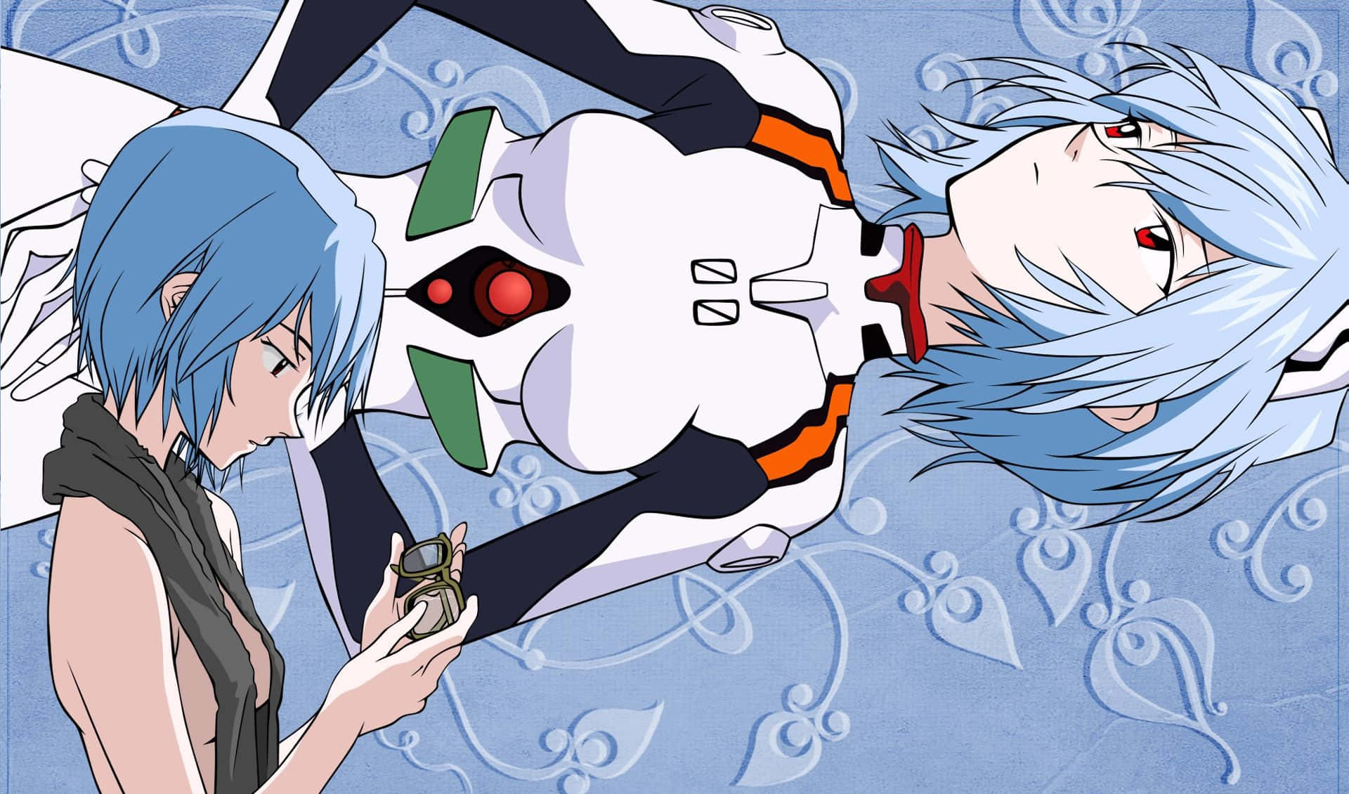 rei ayanami 桌布 壁紙 — 藍髮動漫女孩手持一個小物體，凝視著一個漂浮的白色和橙色、紅眼的機甲，背景為圖案藍色。