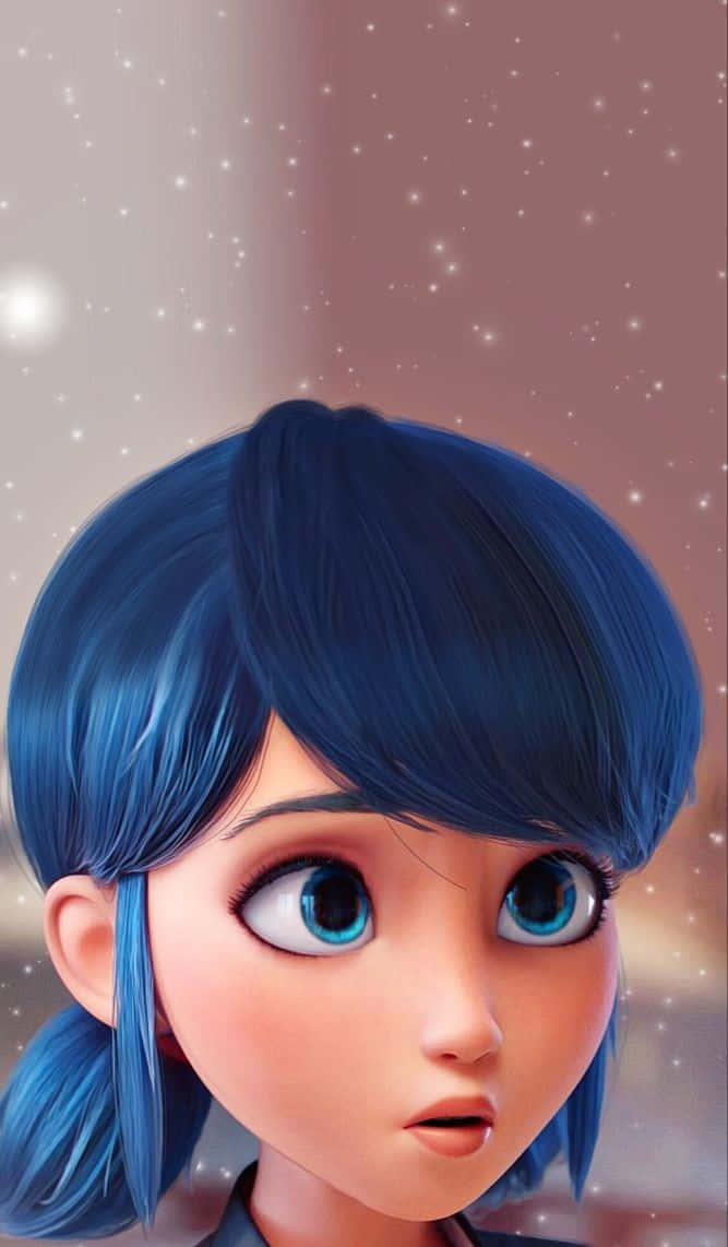 Marinette 桌布 壁紙 — 藍髮動漫女孩的大頭照，藍色大眼睛，背景是星空粉紅和米色。