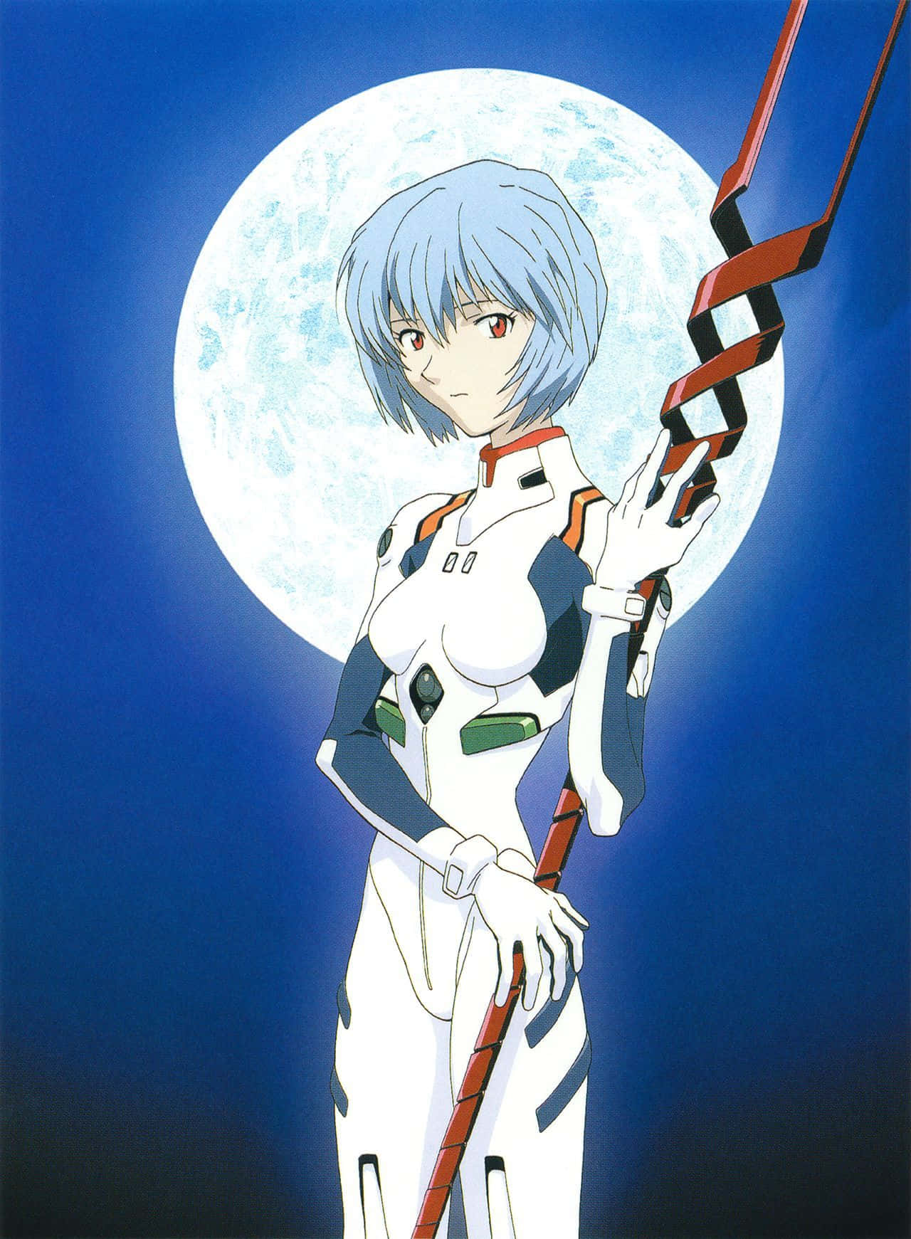 rei ayanami 桌布 壁紙 — 藍髮動漫女孩穿著白色和橙色套裝，在發光的滿月背景下手持紅色武器。