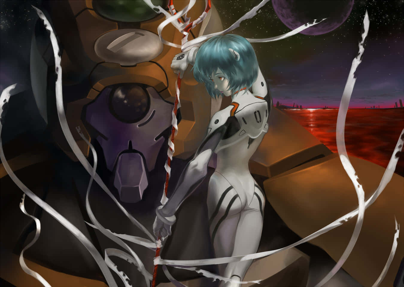 Eva-00 桌布 壁紙 — 藍髮動漫女孩穿著白色西裝，站在巨型機甲旁邊，背景是紅色海洋和星空。