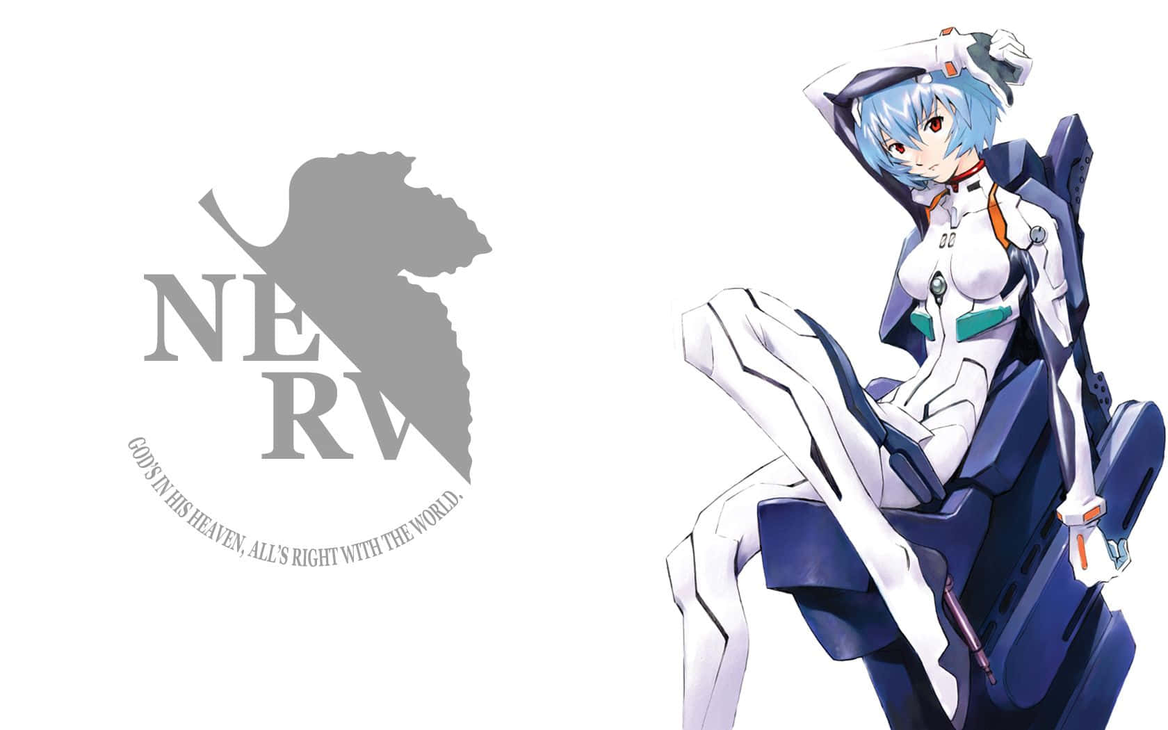 rei ayanami 桌布 壁紙 — 藍髮動漫女孩自信地坐在白色和藍色的機甲服中，旁邊是NERV標誌。
