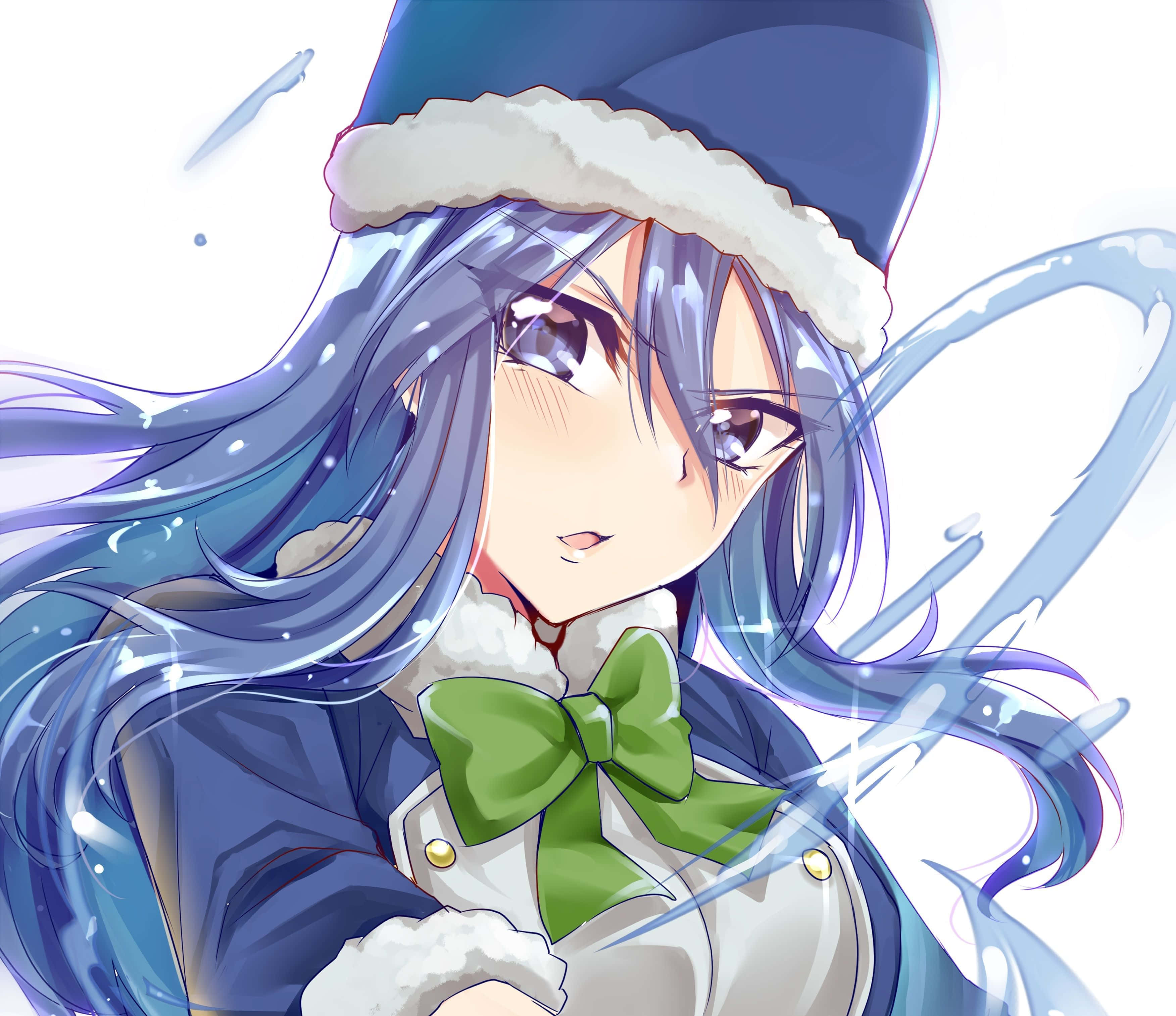 juvia lockser 桌布 壁紙 — 藍髮動漫少女戴著冬帽，在寒風圍繞她的綠色蝴蝶結時溫柔微笑。