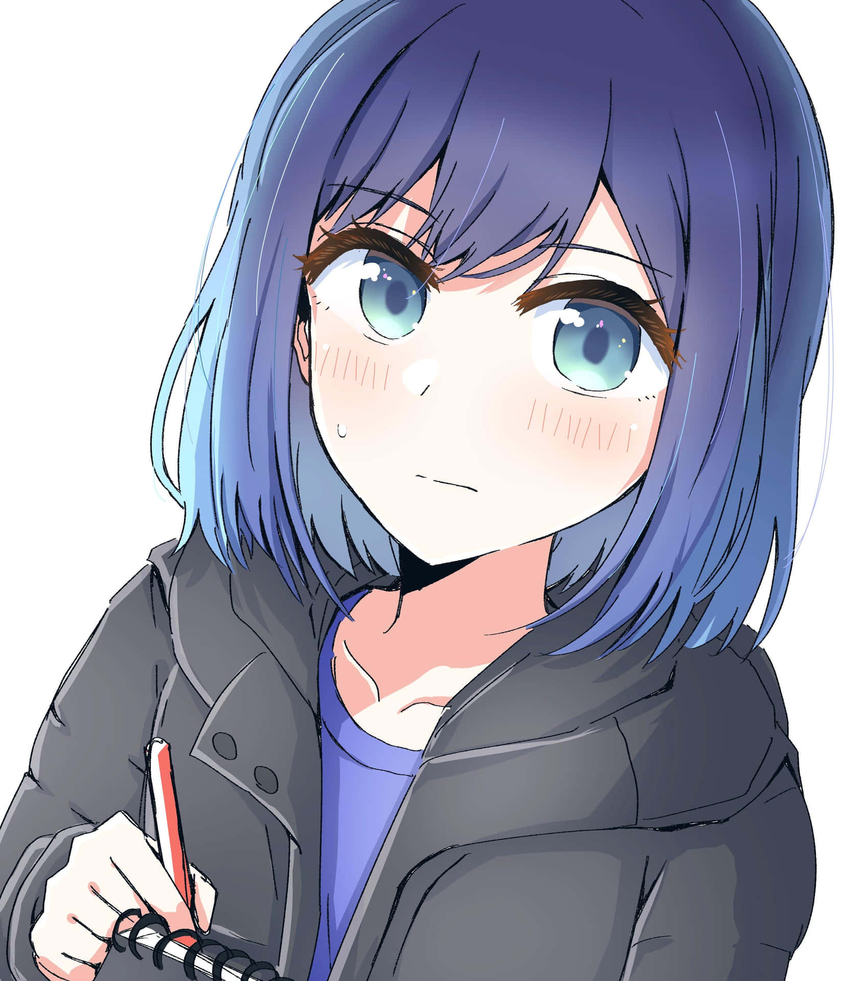 藍髮動漫少女持筆記本 壁紙 — 一位藍髮動漫女孩，大眼睛，在純白背景前拿著筆和筆記本。