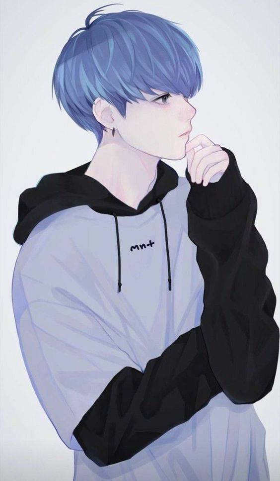 動漫風格的藍髮年輕男子穿著連帽衫，若有所思地望向一旁。