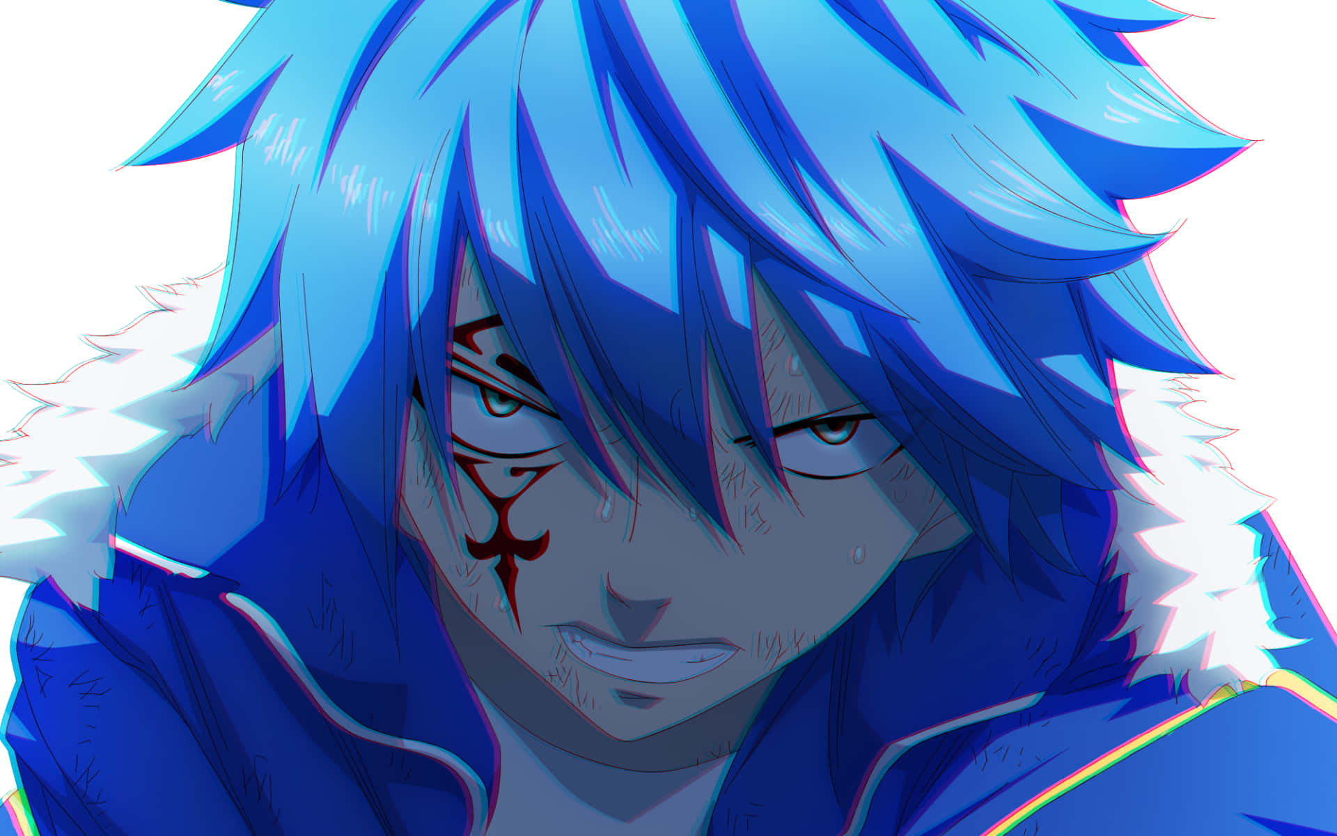 Jellal Fernandes 桌布 壁紙 — 藍髮動漫角色，臉上帶有紅色印記和淚水，身穿帶有白色毛邊的藍色外套。