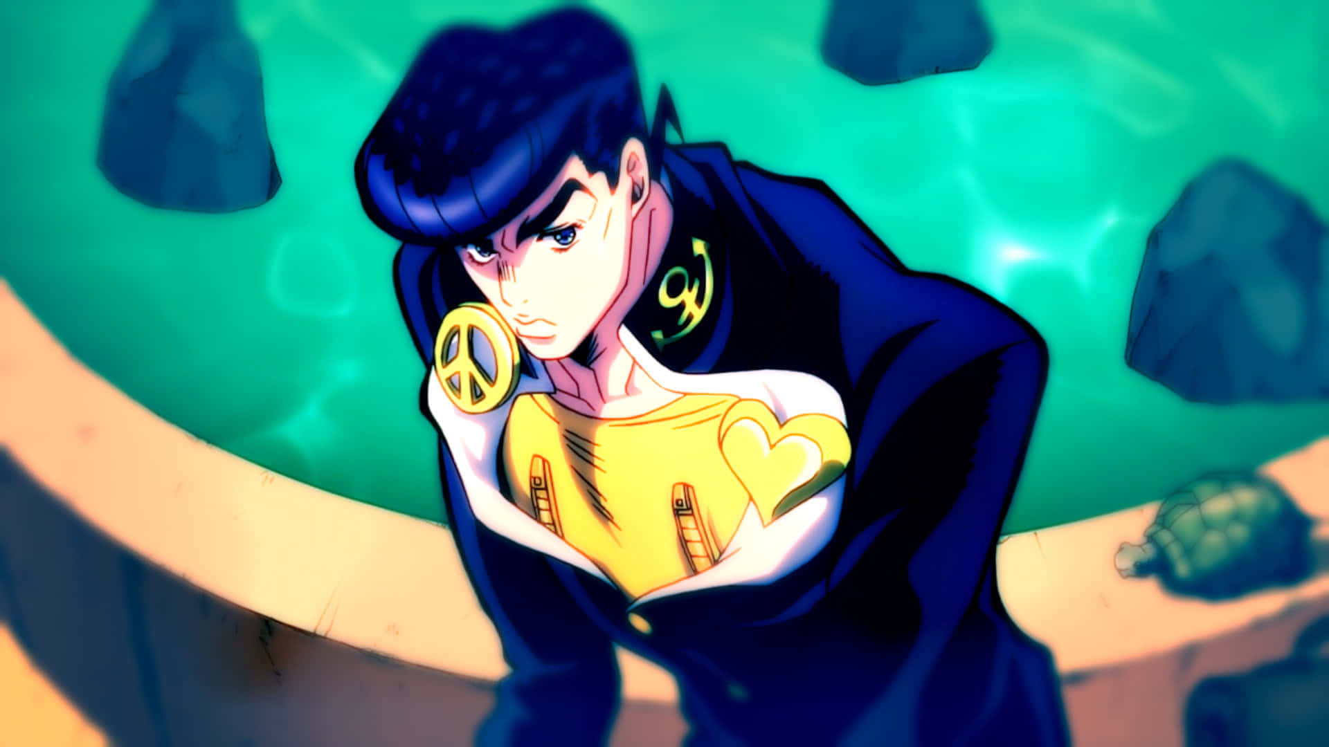 Josuke Higashikata 桌布 壁紙 — 藍髮動漫角色戴著和平符號項鍊，站在有綠色水和岩石的泳池中。