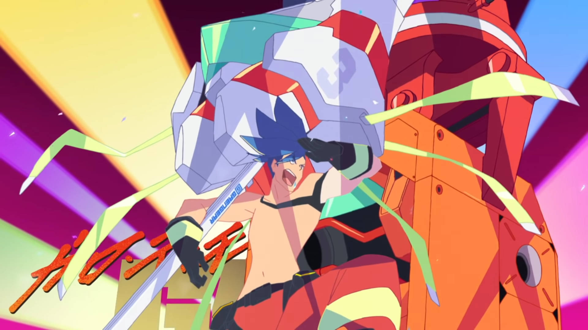Saluting Galo Thymos Promare 壁紙 — 藍髮動漫角色身穿紅色裝備，在鮮豔的彩虹背景下與巨型機械怪物戰鬥。