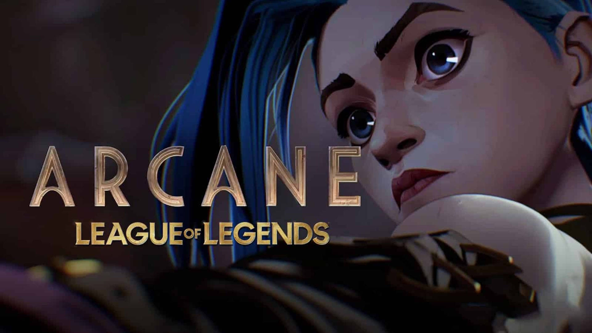 Arcane League of Legends Jinx 壁紙 — 藍髮動畫角色特寫，睜大眼睛專注凝視，旁邊是《Arcane League of Legends》標題。