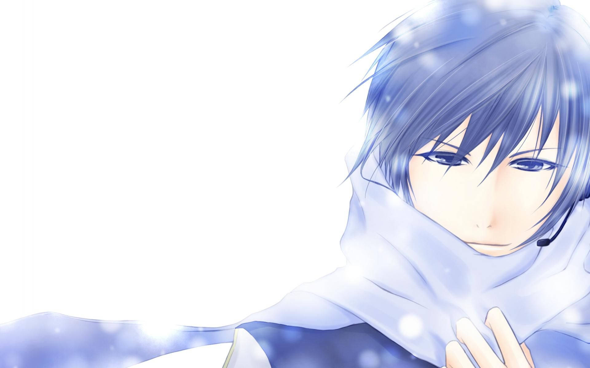 anime boys cute 桌布 壁紙 — 藍髮圍巾的動漫男孩在帶有發光粒子的雪白背景上溫柔地凝視。