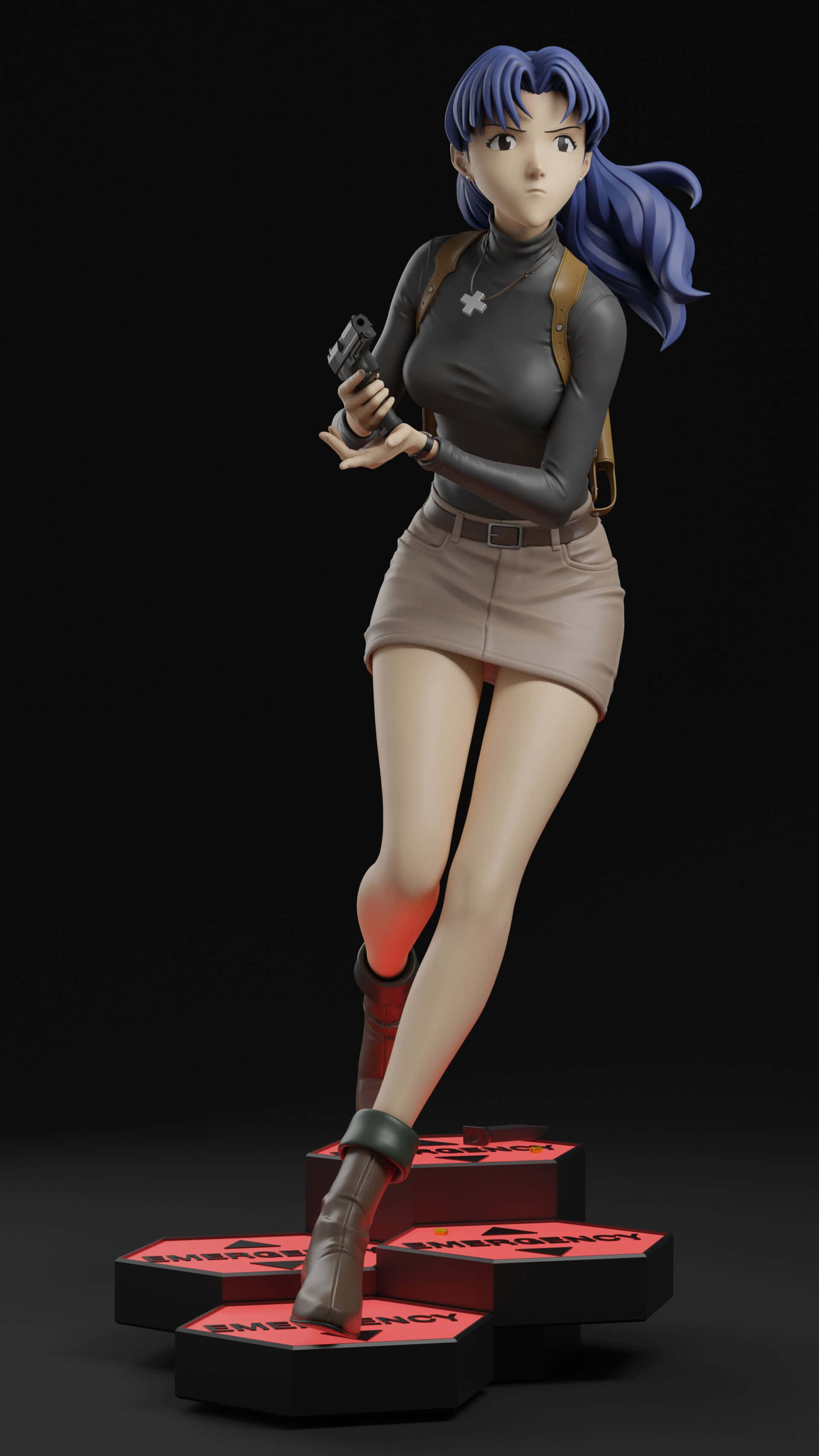Misato Katsuragi 桌布 壁紙 — 藍髮女子身穿灰色服裝手持手槍站立在紅色緊急符號上的動漫人偶。
