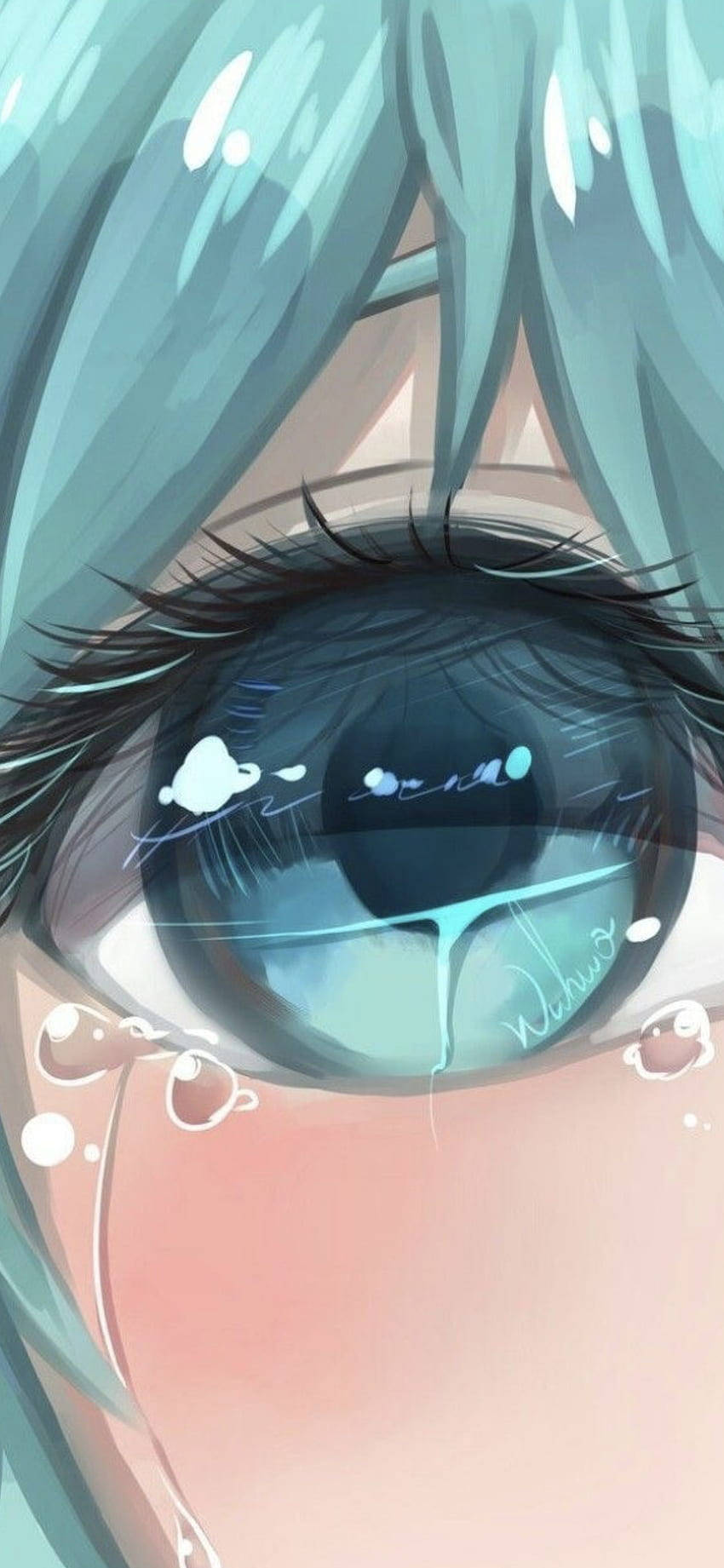 動漫角色含淚的眼睛，反射出雲朵和星星。
