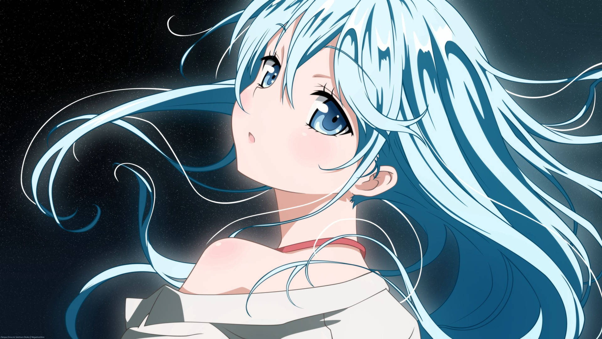 藍髮動漫女孩，眼睛望著星星