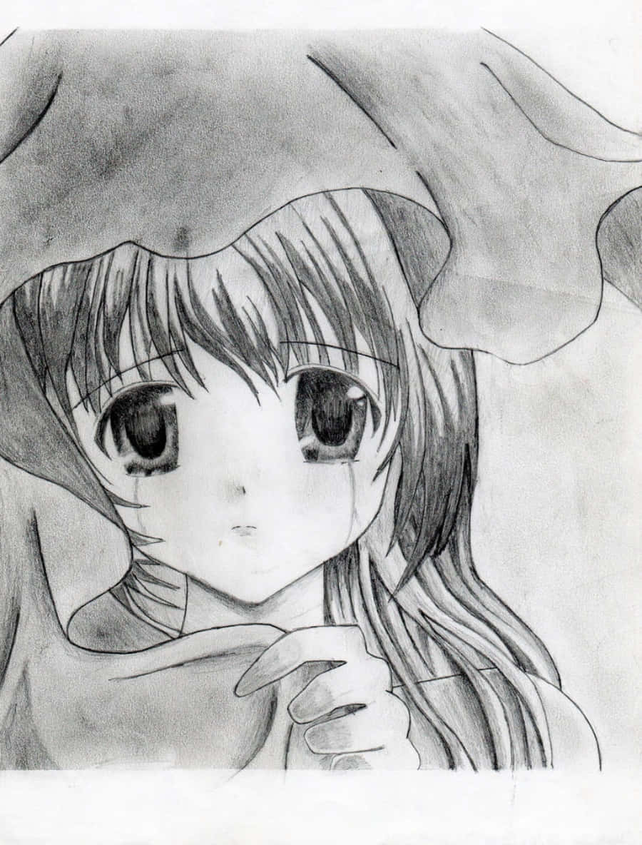 藍髮少女穿水手服的塗色插畫 壁紙 — 一個年輕動漫女孩的鉛筆素描，她有著大大的、富有表情的眼睛和長髮，從兜帽下探出頭來。