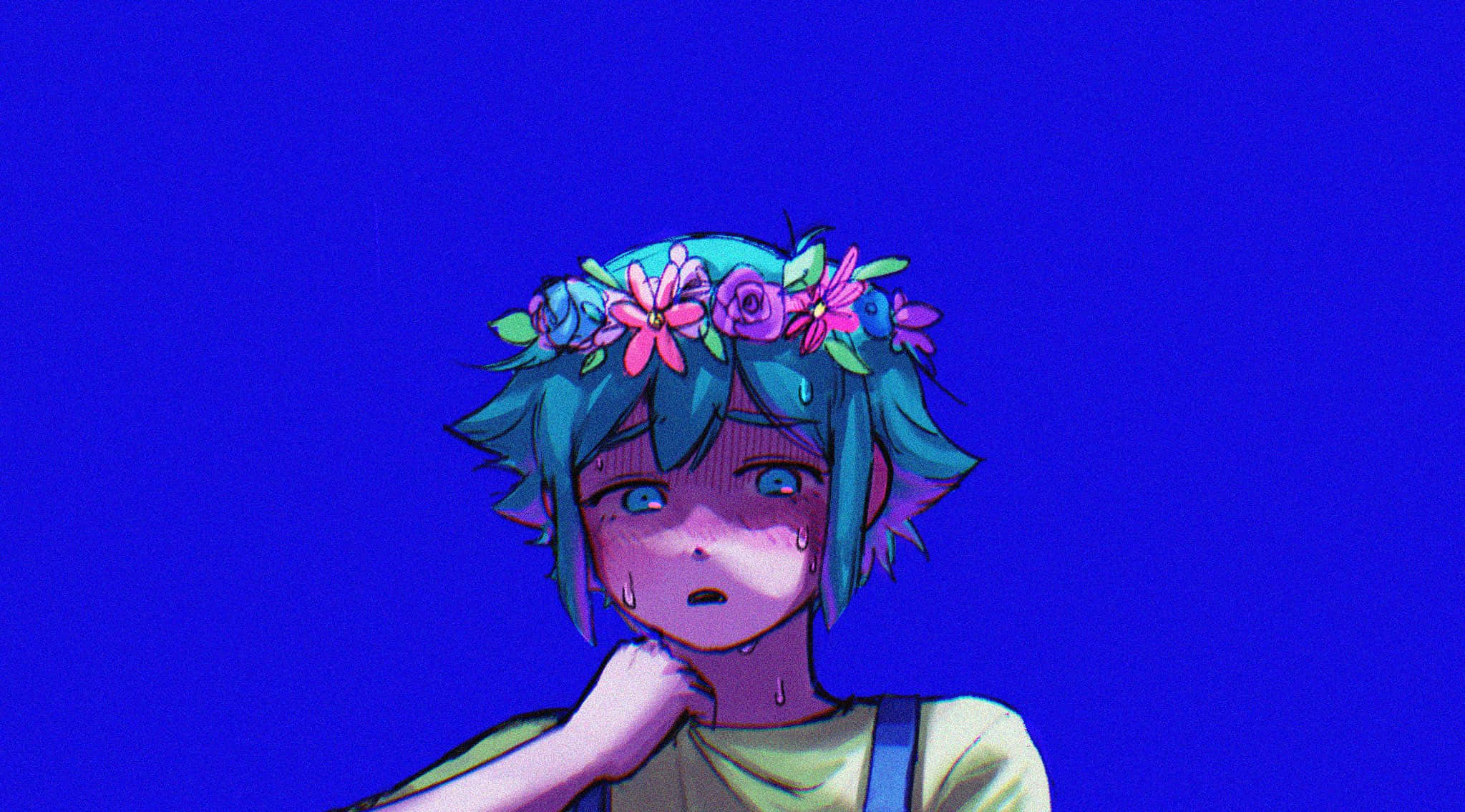 藍髮少女頭戴花朵 壁紙