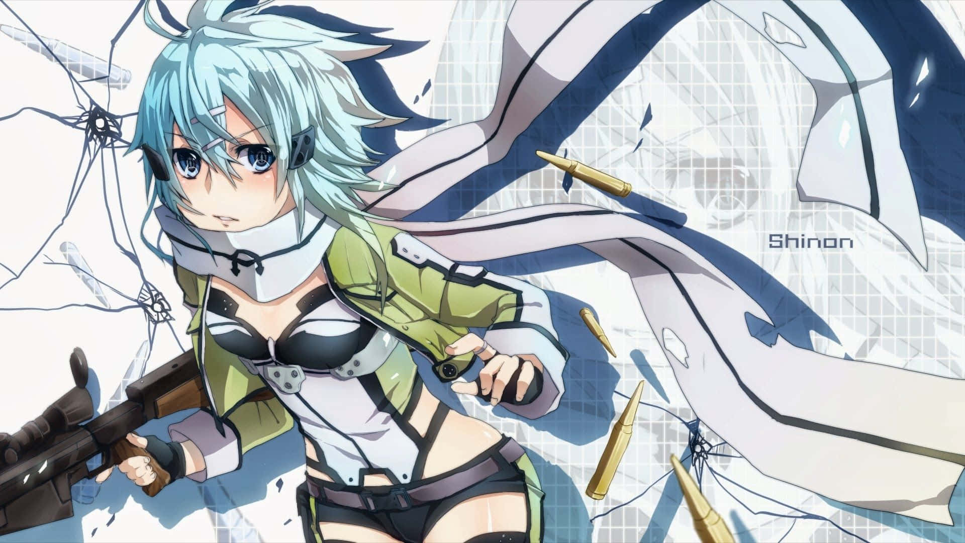 Shino Asada 桌布 壁紙 — 藍髮戴耳機的動漫女孩在飛舞的子彈和碎玻璃中揮舞步槍。