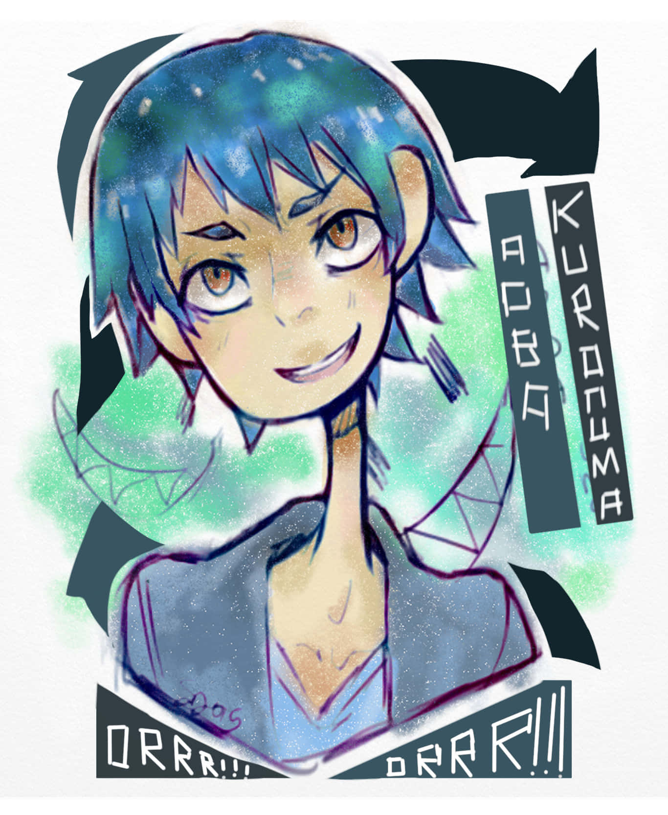 Aoba Kuronuma 桌布 壁紙 — 藍髮橙眼的動漫角色在發光的綠色和藍綠色宇宙背景前開心地微笑。