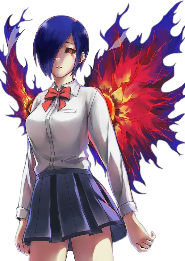 藍髮火焰翅膀的動漫少女 壁紙 — 一位藍髮動漫女孩穿著校服，在黑色背景前展開火紅與藍色的翅膀。
