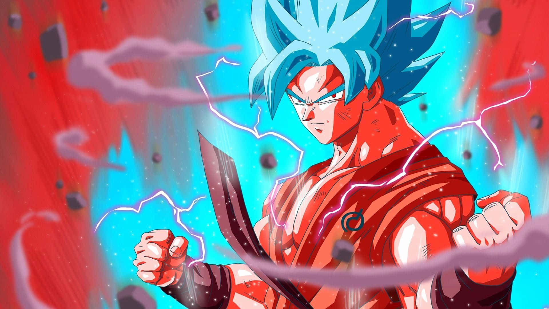 Super Saiyan Blue 桌布 壁紙 — 藍髮紅光的動漫戰士在破碎的碎片和宇宙粒子中引導閃電能量。