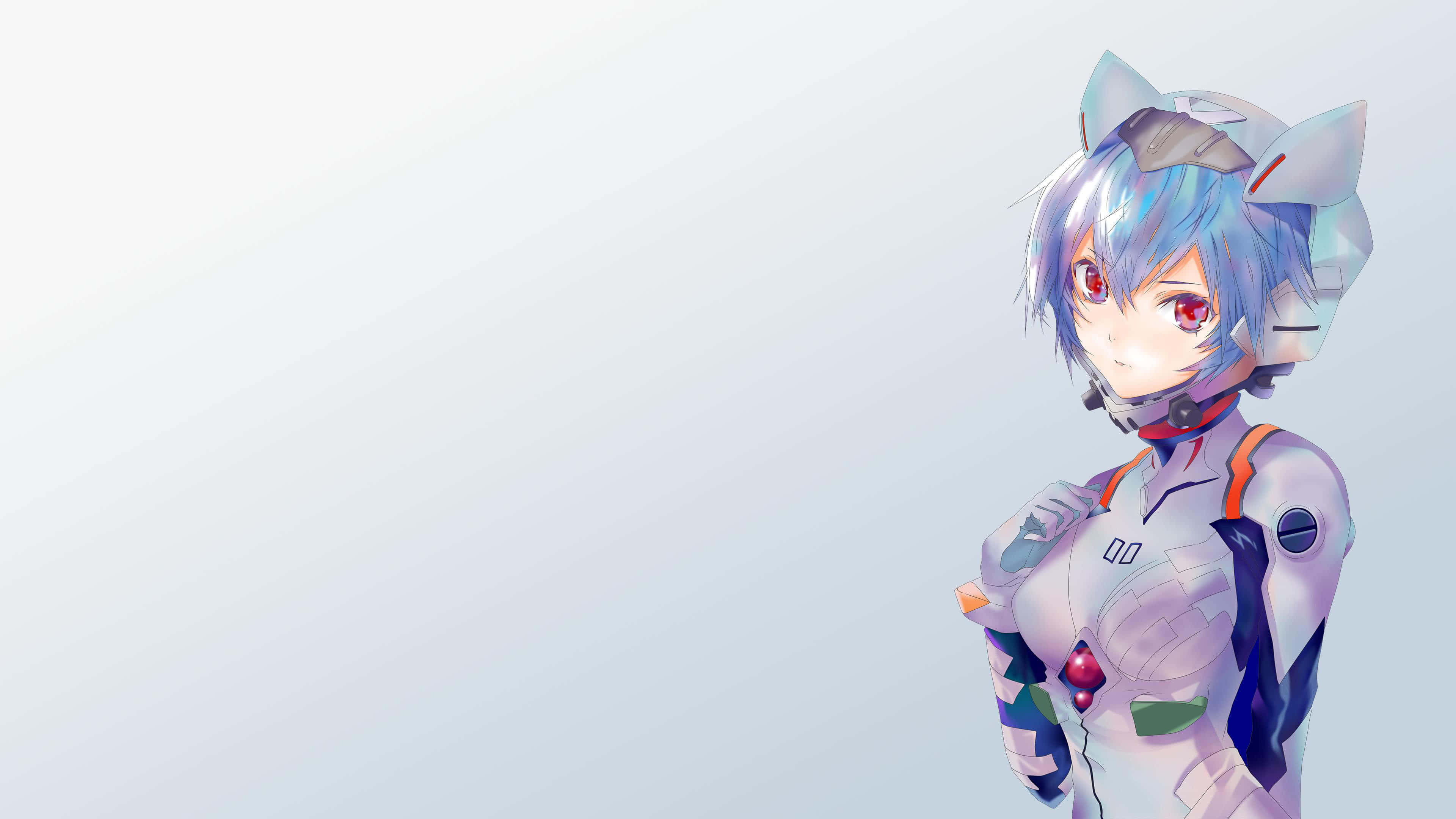 rei ayanami 桌布 壁紙 — 藍髮紅眼動漫女孩，身穿白色未來風格套裝，背景柔和漸變。