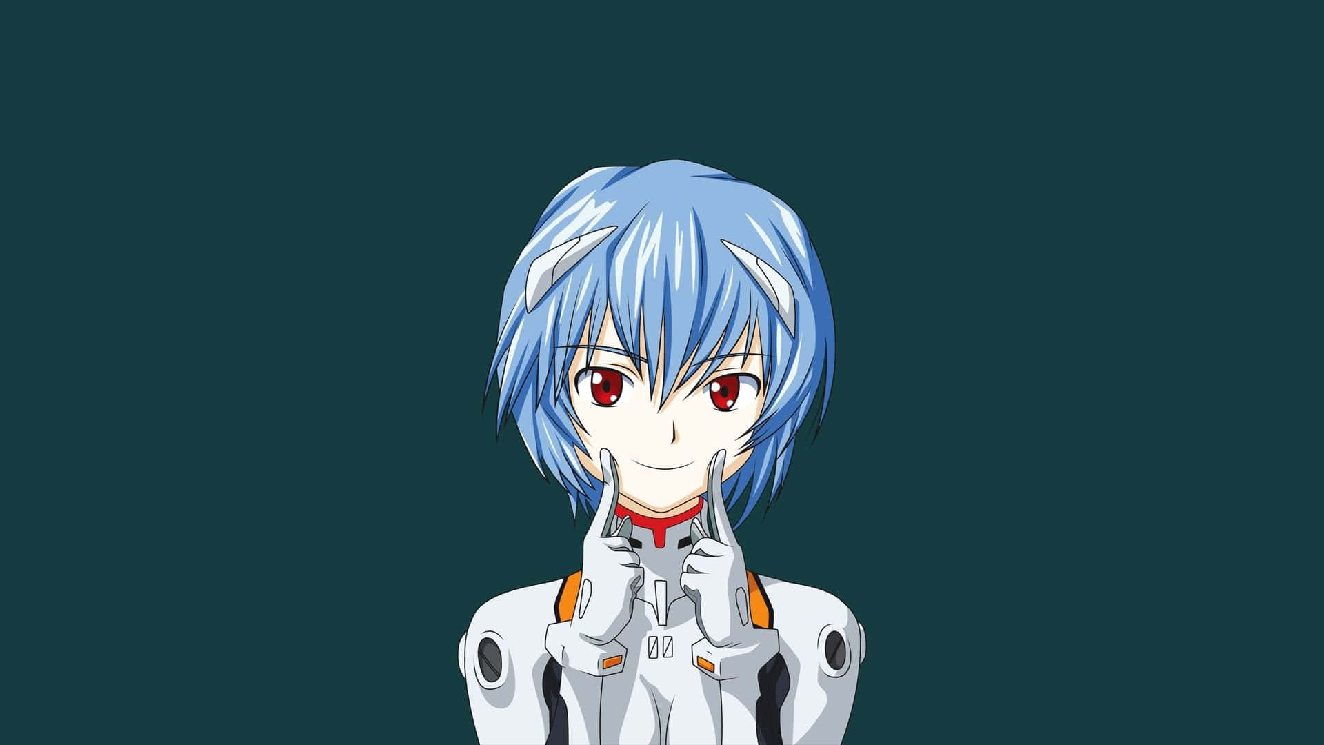 rei ayanami 桌布 壁紙 — 藍髮紅眼動漫角色微笑，手指放在唇邊，背景為深青綠色。