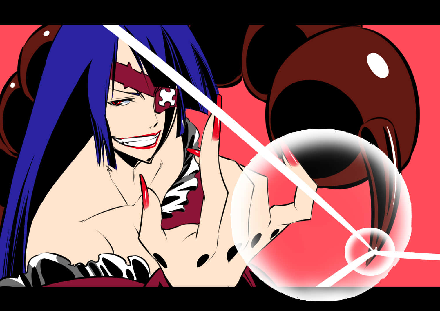 Gurren Lagann Adiane 桌布 壁紙 — 藍髮紅眼罩的動漫女孩咧嘴笑著，在紅色背景前拿著一個裡面有熊頭的泡泡。