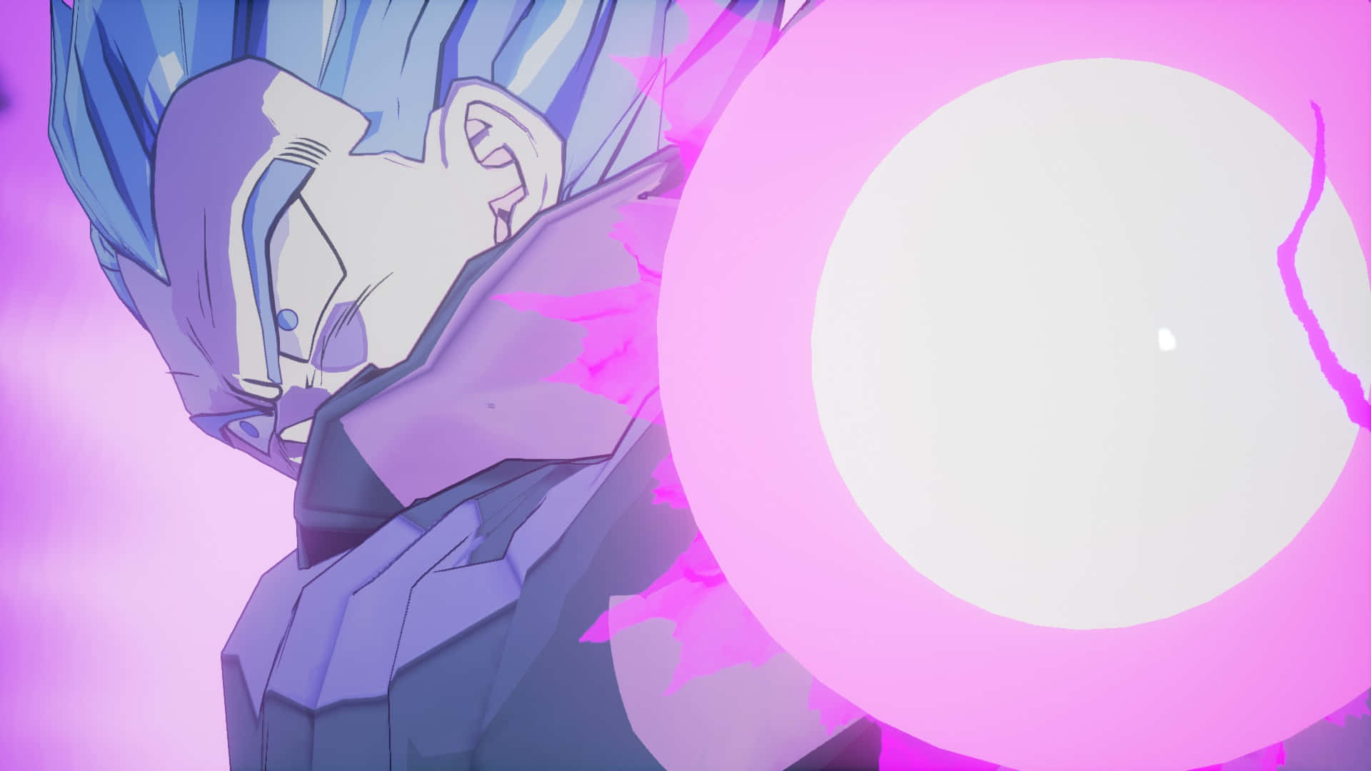 Vegeta's Galick Gun 桌布 壁紙 — 藍髮紫甲的動漫角色在充滿活力的數碼戰鬥場景中釋放出發光的粉紅色能量球。