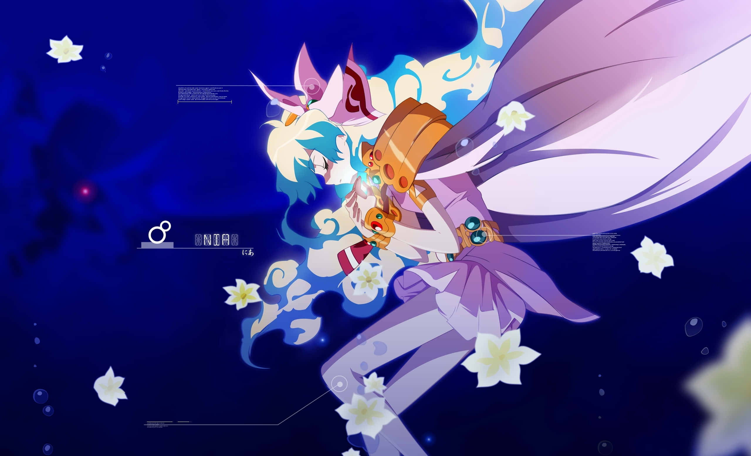 Nia Teppelin 桌布 壁紙 — 藍髮紫翼的動漫少女在深藍宇宙背景中漂浮於發光花朵之間。