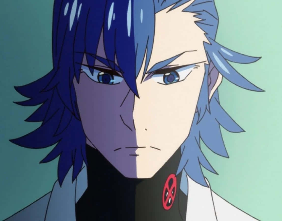 Aikuro Mikisugi 桌布 壁紙 — 藍髮藍眼的動漫角色，半邊臉在陰影中，對著青綠色背景強烈凝視。