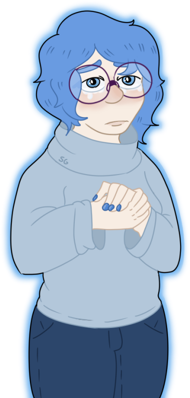 藍髮角色插畫 壁紙 — 一位藍髮戴眼鏡的動漫女孩，緊張地握著雙手，身穿淺藍色毛衣。
