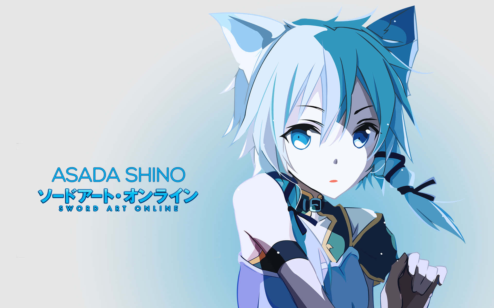 Shino Asada 桌布 壁紙 — 藍髮貓耳動漫女孩，淺藍色漸變背景。