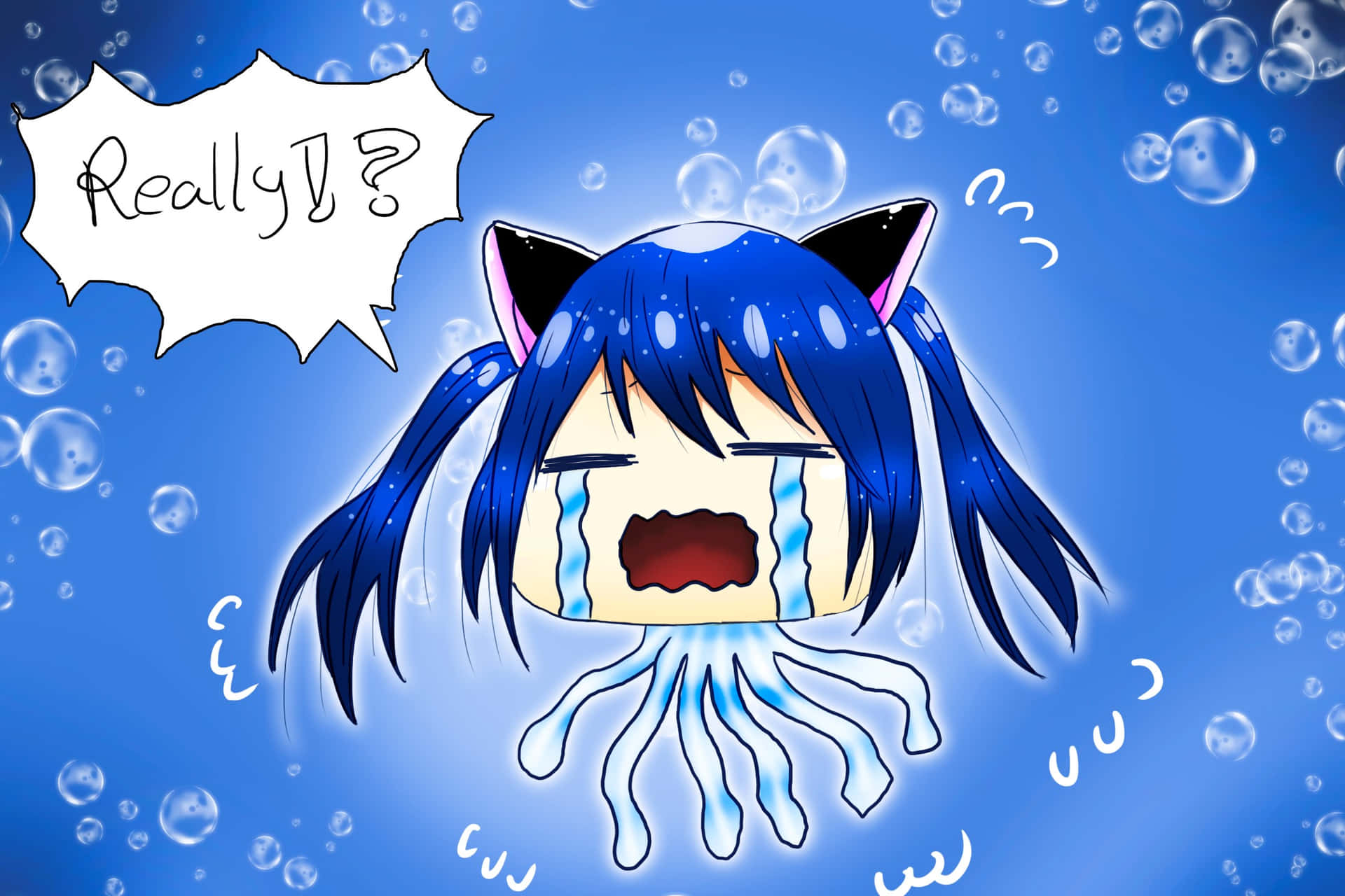 Wendy Marvell 桌布 壁紙 — 藍髮貓耳動漫女孩喺水底喊緊，氣泡喺佢周圍漂浮，對話框問「真係？」