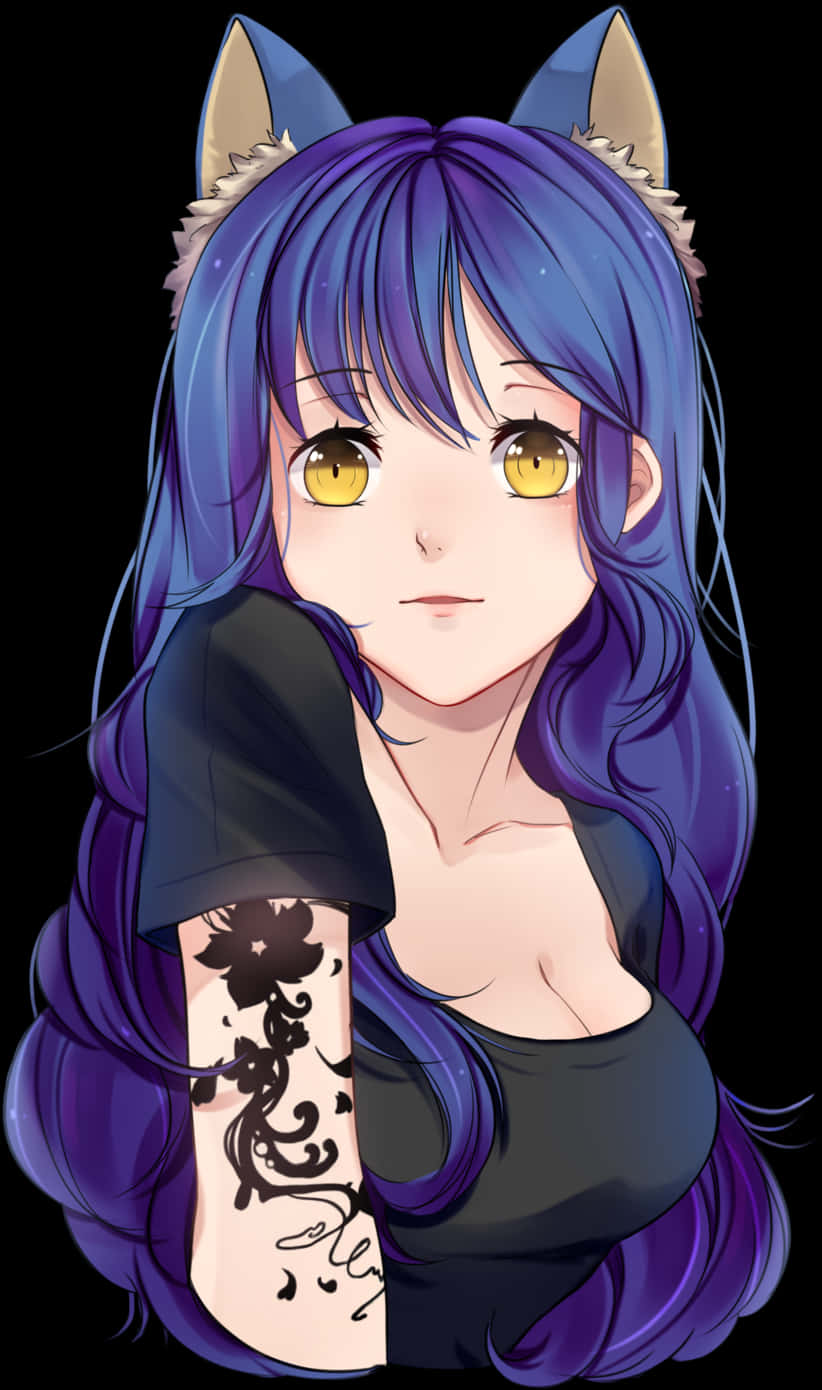 藍髮貓耳動漫少女 壁紙