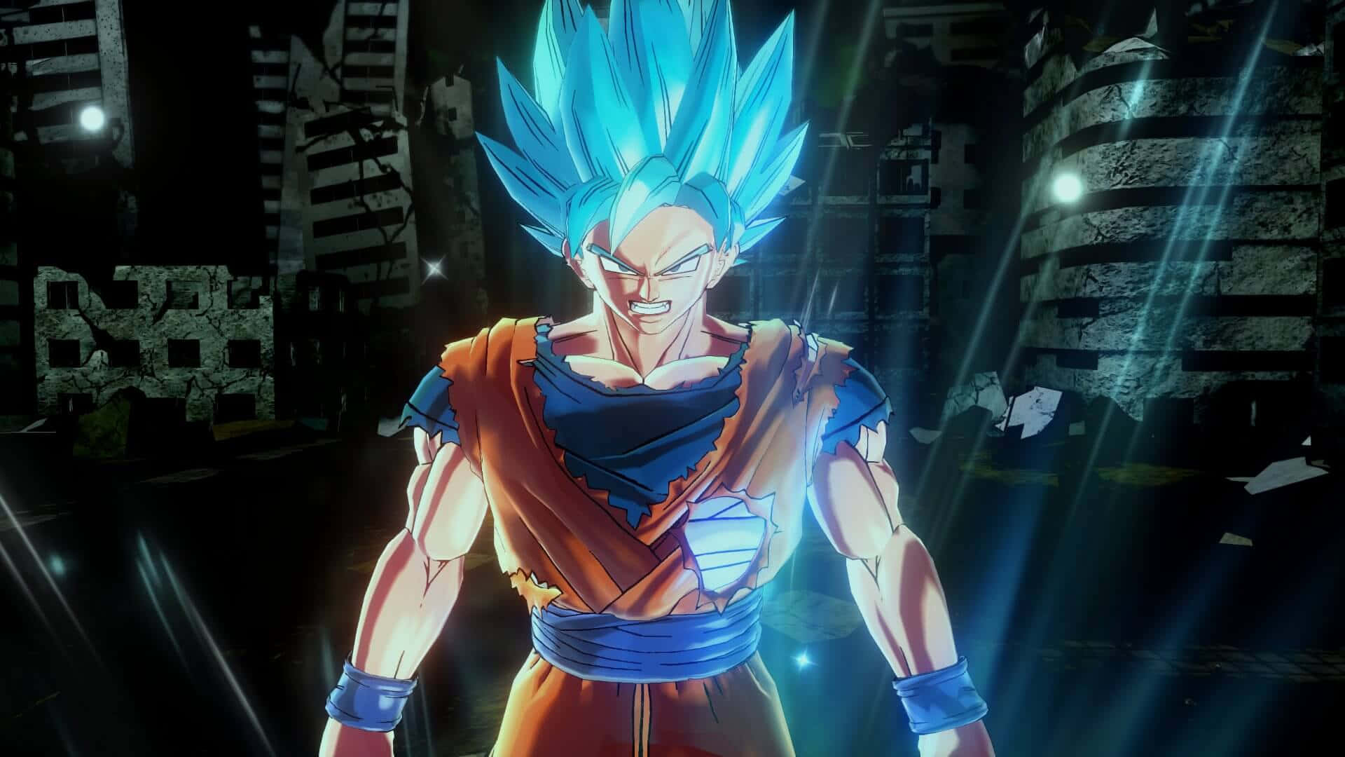 Dragon Ball Xenoverse 2 桌布 壁紙 — 藍髮超級撒亞人悟空在黑暗廢墟城市景觀中強力站立，發光的光束穿透其中。