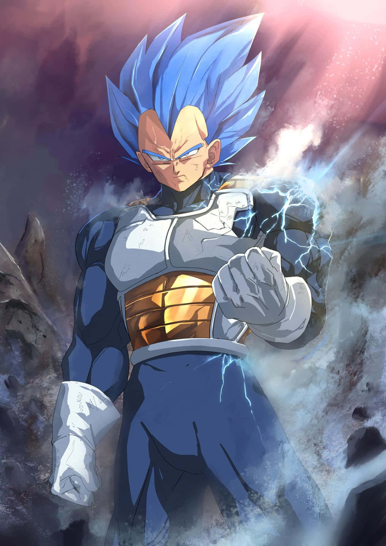 Vegeta Super Saiyan Blue 桌布 壁紙 — 藍髮超級撒亞人比達身穿戰鬥盔甲，在風暴岩石景觀中引導閃電能量。