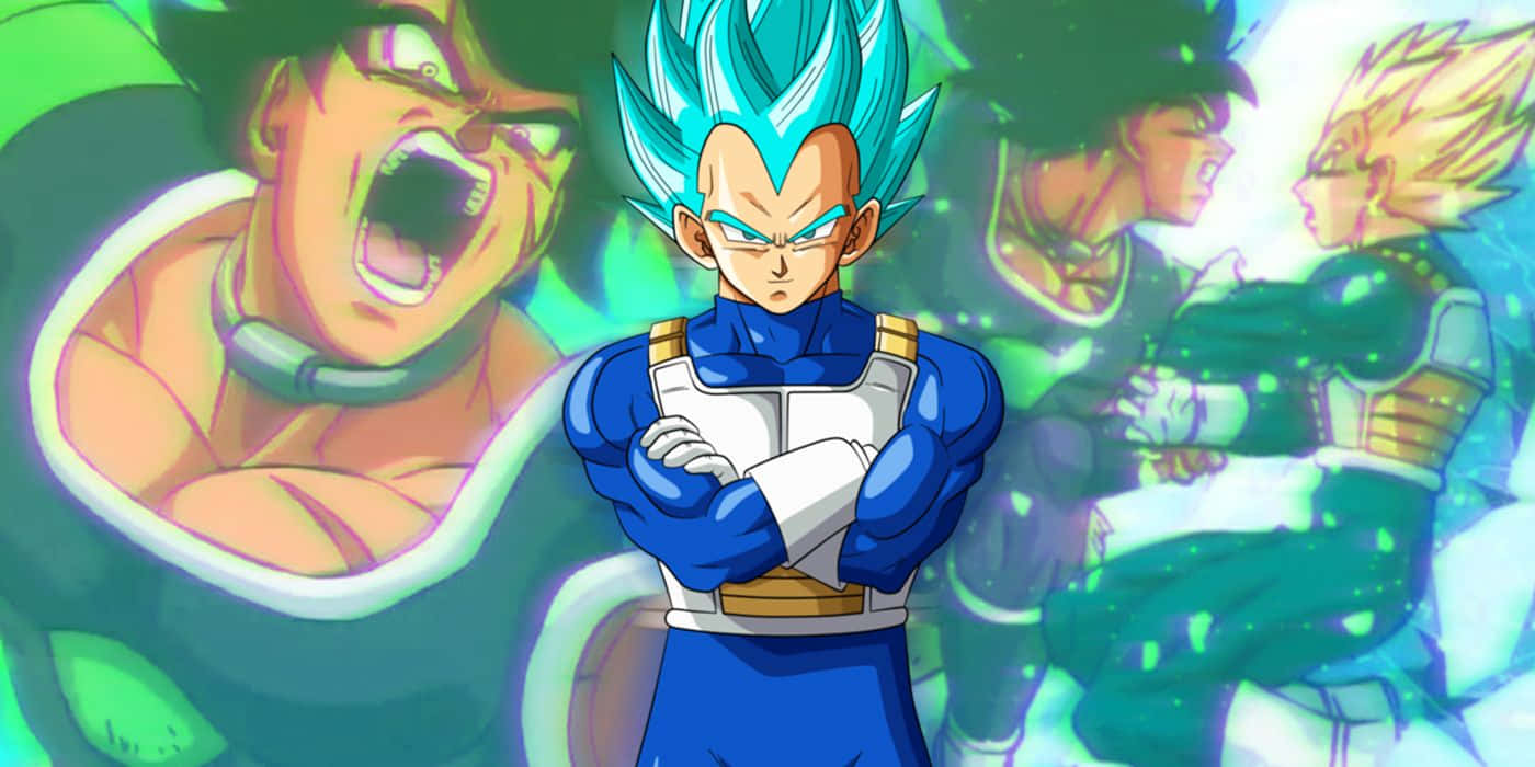 Vegeta And Broly 桌布 壁紙 — 藍髮超級撒亞人神比達雙臂交叉站立，背景是其他撒亞人的模糊戰鬥場景。